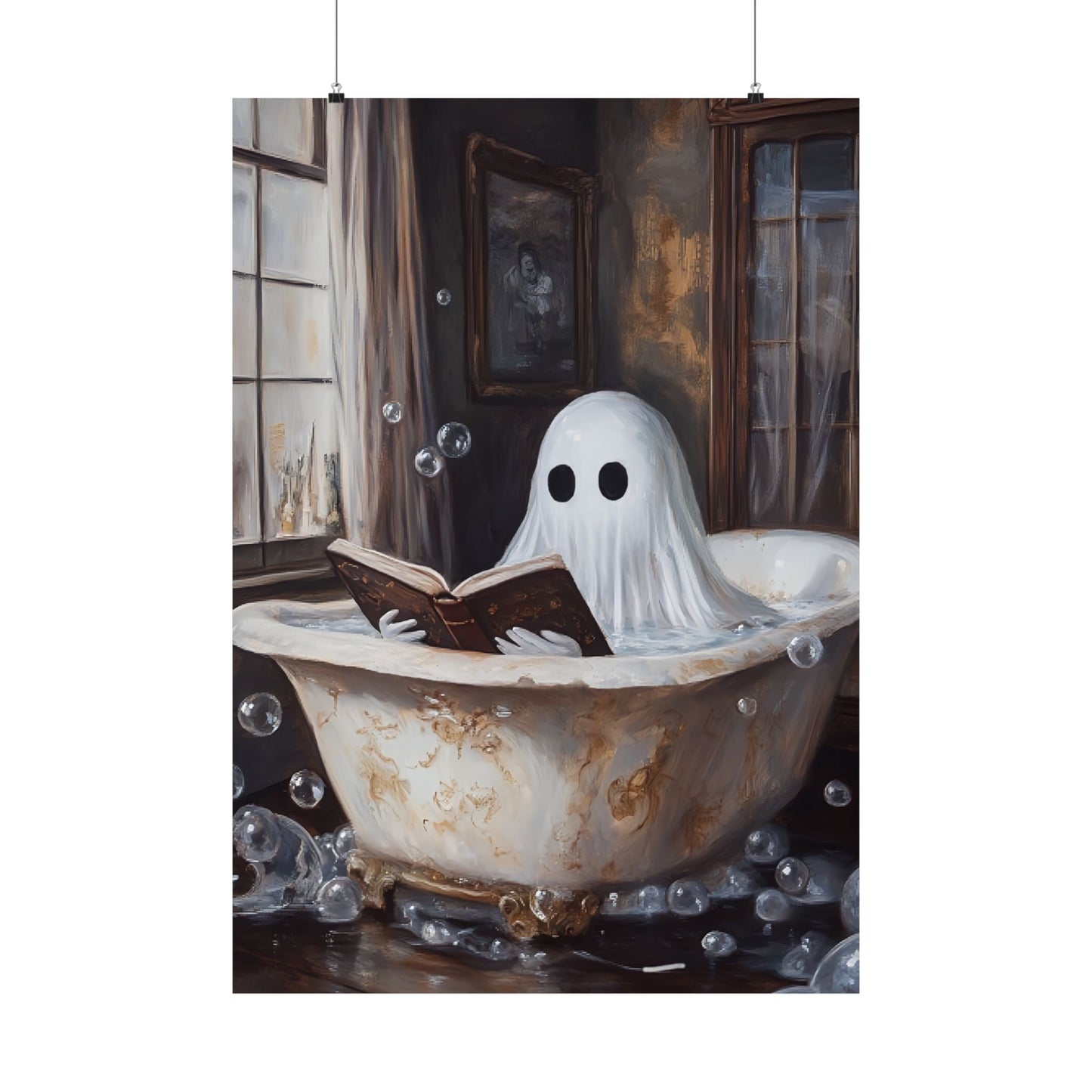 Ghost Reading in Bathtub Wall Art Print - Bookish Halloween Painting - Vintage Dark Academia Poster for Book Lovers