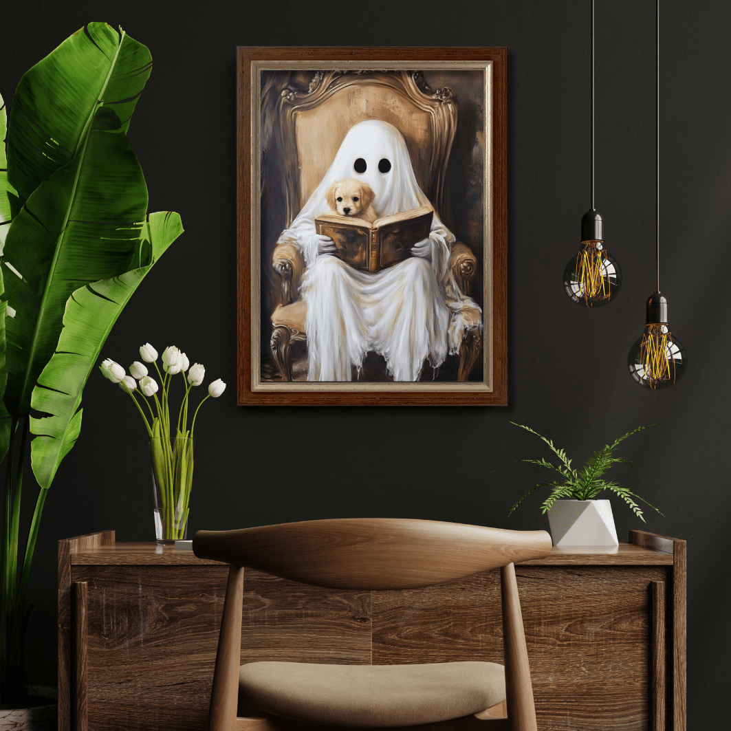 Ghost Reading to Puppy Wall Art Print - Cute & Spooky Halloween Painting - Vintage Victorian Poster for Book Lovers