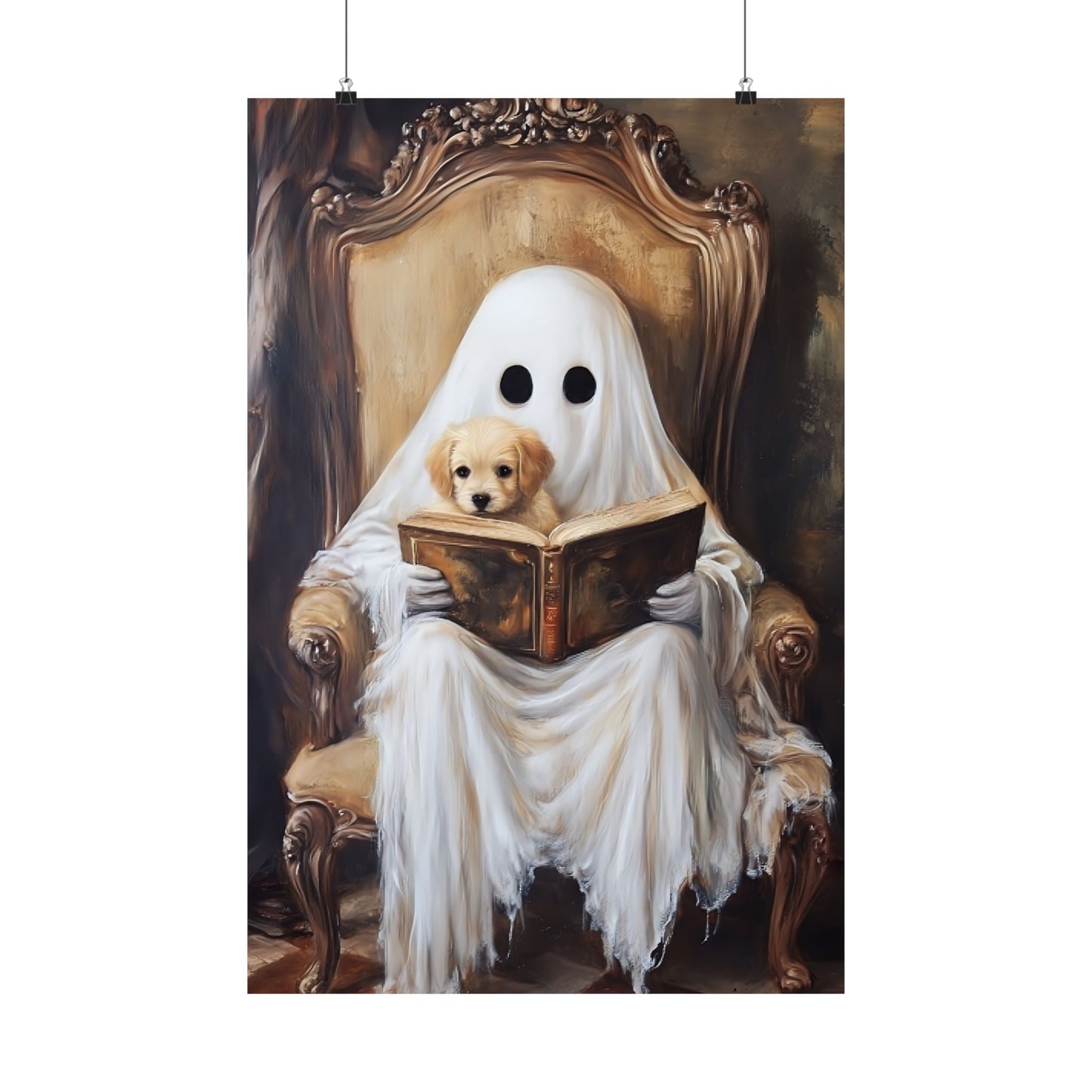 Ghost Reading to Puppy Wall Art Print - Cute & Spooky Halloween Painting - Vintage Victorian Poster for Book Lovers
