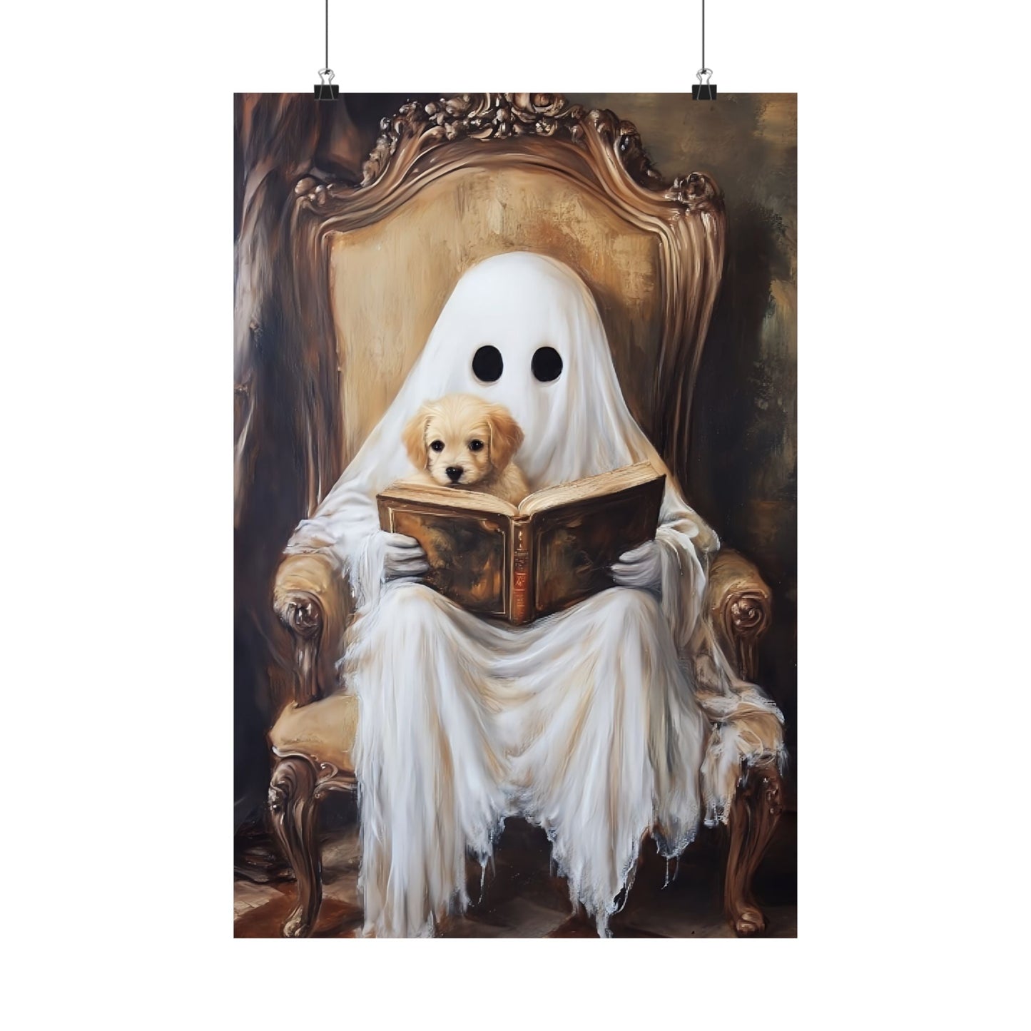 Ghost Reading to Puppy Wall Art Print - Cute & Spooky Halloween Painting - Vintage Victorian Poster for Book Lovers