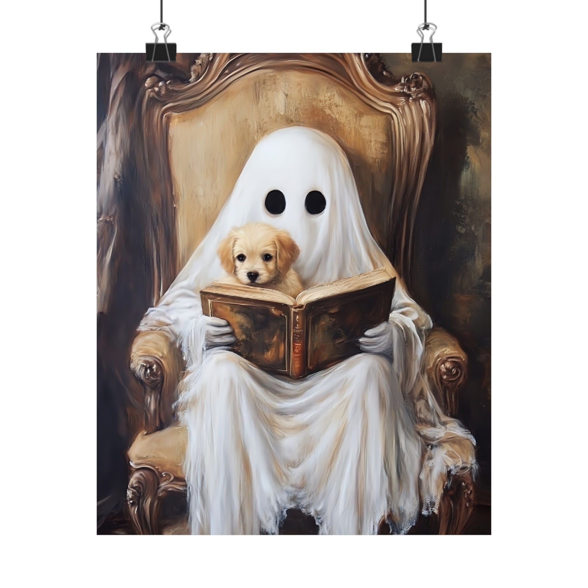 Ghost Reading to Puppy Wall Art Print - Cute & Spooky Halloween Painting - Vintage Victorian Poster for Book Lovers - Boo and Bewear