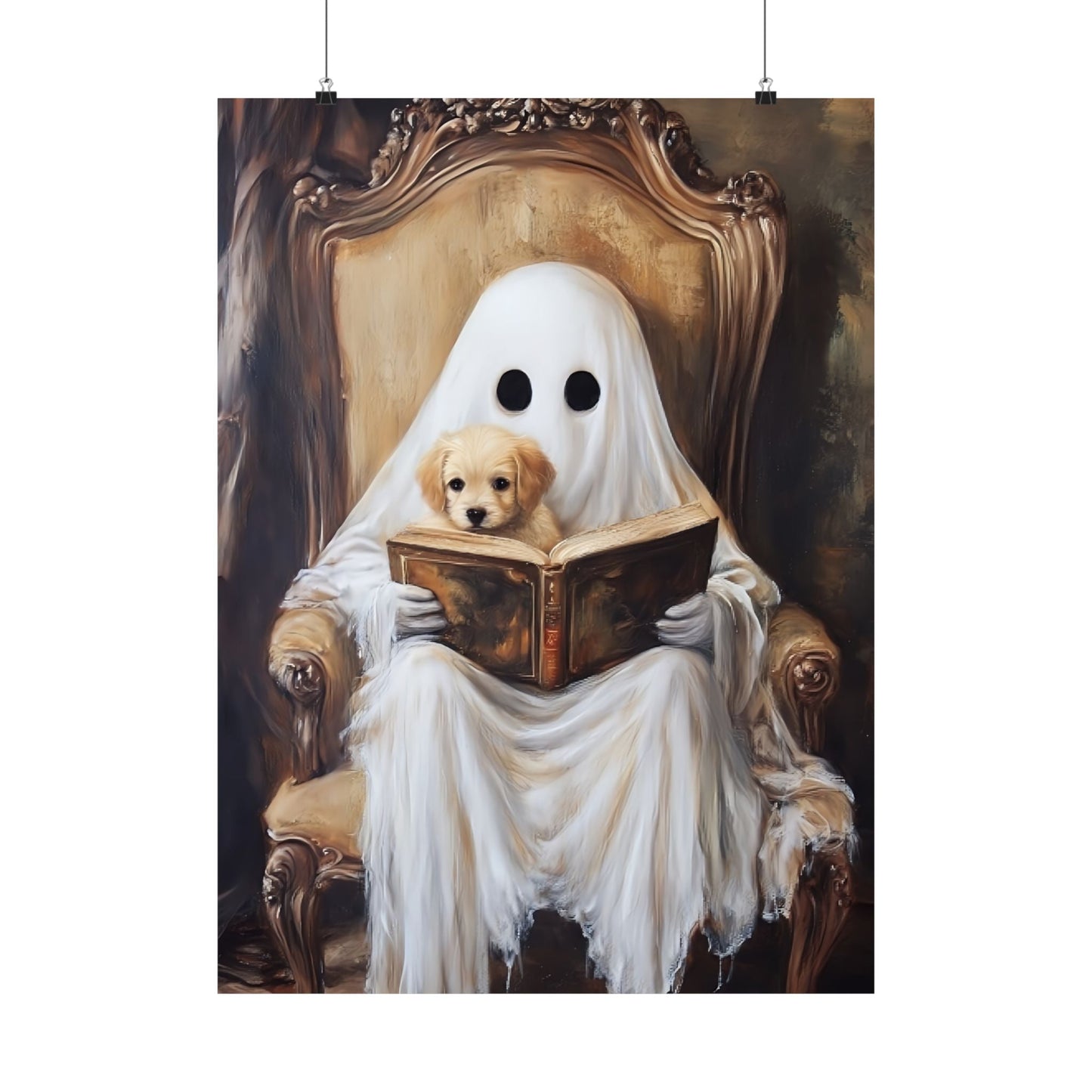 Ghost Reading to Puppy Wall Art Print - Cute & Spooky Halloween Painting - Vintage Victorian Poster for Book Lovers - Boo and Bewear