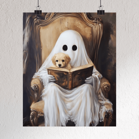 Ghost Reading to Puppy Wall Art Print - Cute & Spooky Halloween Painting - Vintage Victorian Poster for Book Lovers - Boo and Bewear