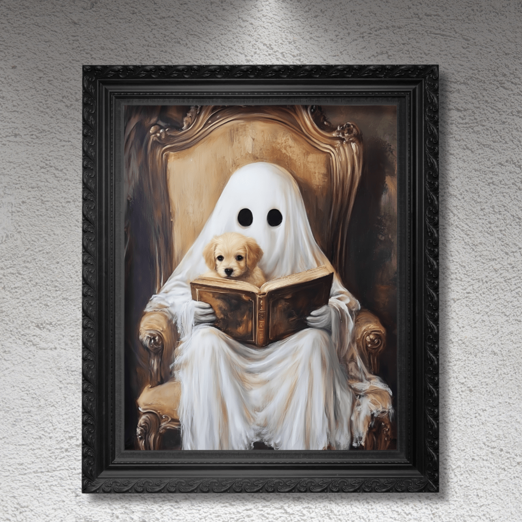 Ghost Reading to Puppy Wall Art Print - Cute & Spooky Halloween Painting - Vintage Victorian Poster for Book Lovers - Boo and Bewear