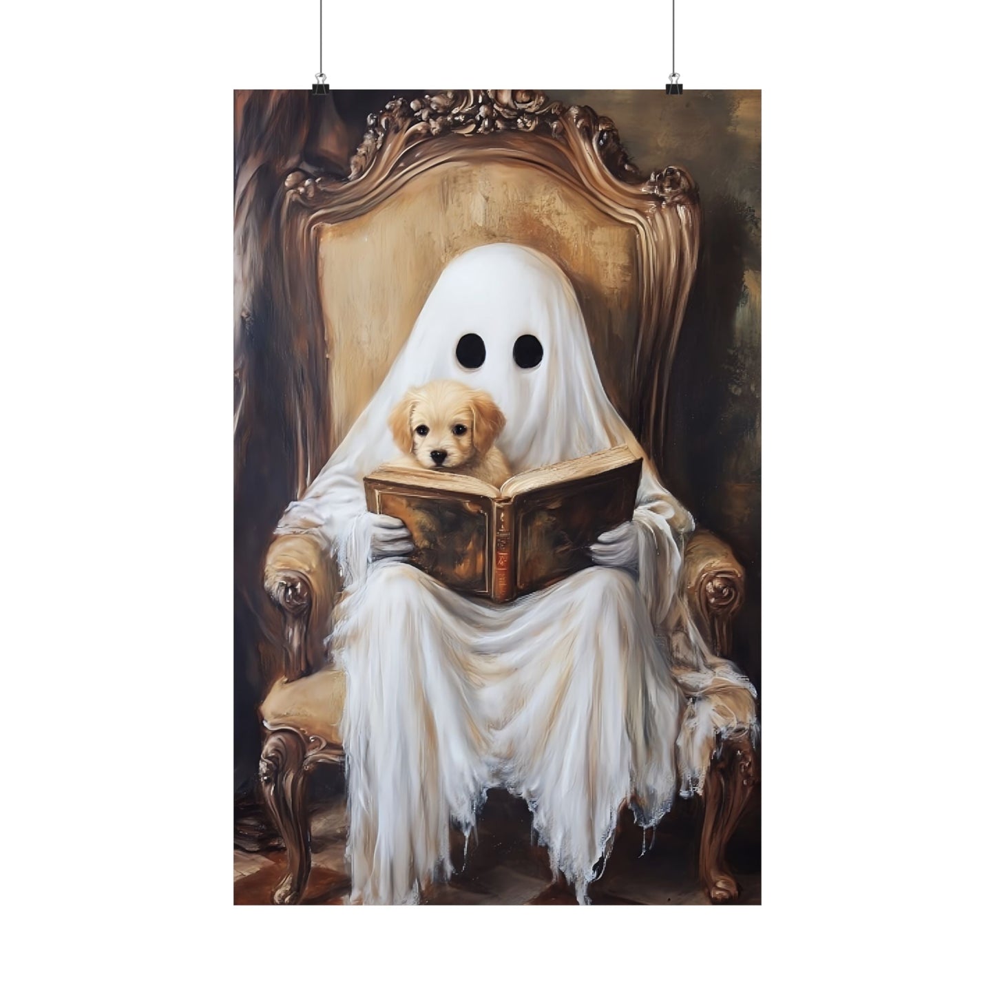 Ghost Reading to Puppy Wall Art Print - Cute & Spooky Halloween Painting - Vintage Victorian Poster for Book Lovers
