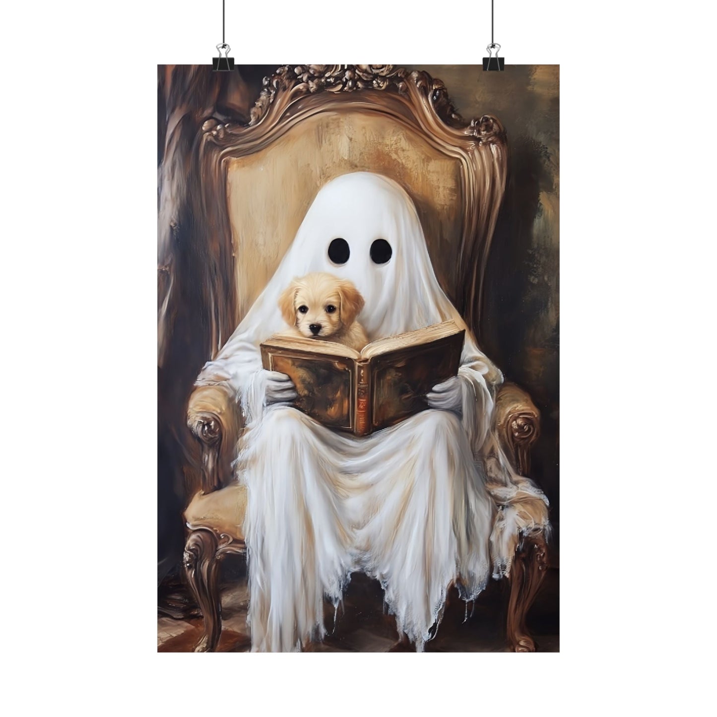 Ghost Reading to Puppy Wall Art Print - Cute & Spooky Halloween Painting - Vintage Victorian Poster for Book Lovers