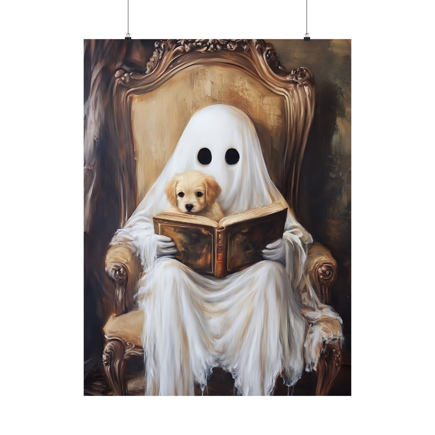 Ghost Reading to Puppy Wall Art Print - Cute & Spooky Halloween Painting - Vintage Victorian Poster for Book Lovers - Boo and Bewear