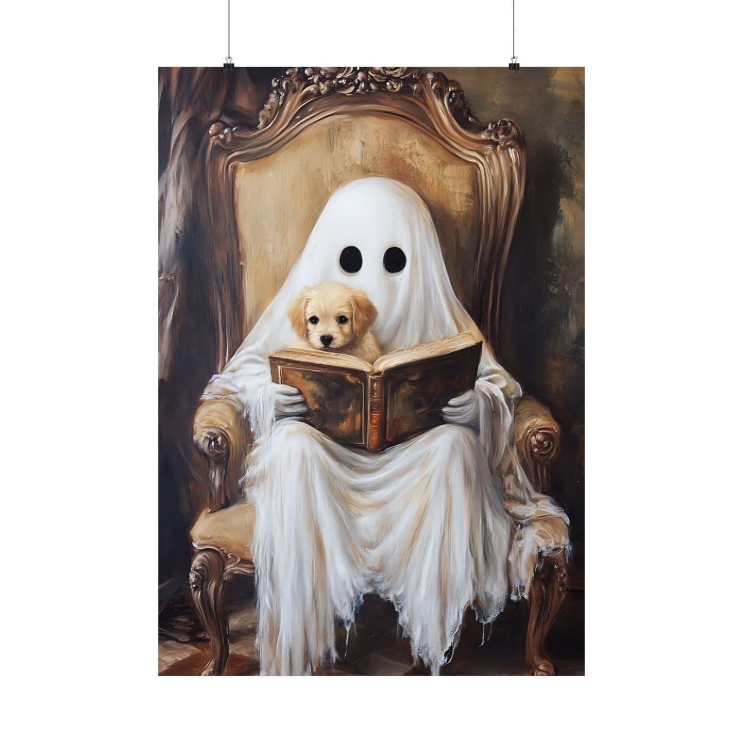 Ghost Reading to Puppy Wall Art Print - Cute & Spooky Halloween Painting - Vintage Victorian Poster for Book Lovers