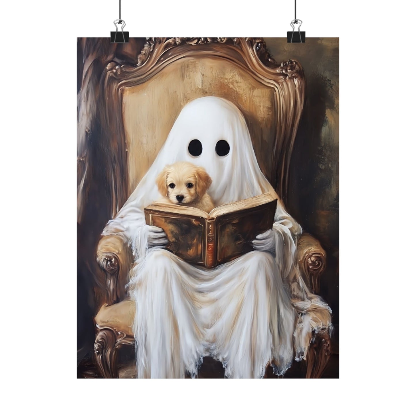 Ghost Reading to Puppy Wall Art Print - Cute & Spooky Halloween Painting - Vintage Victorian Poster for Book Lovers - Boo and Bewear