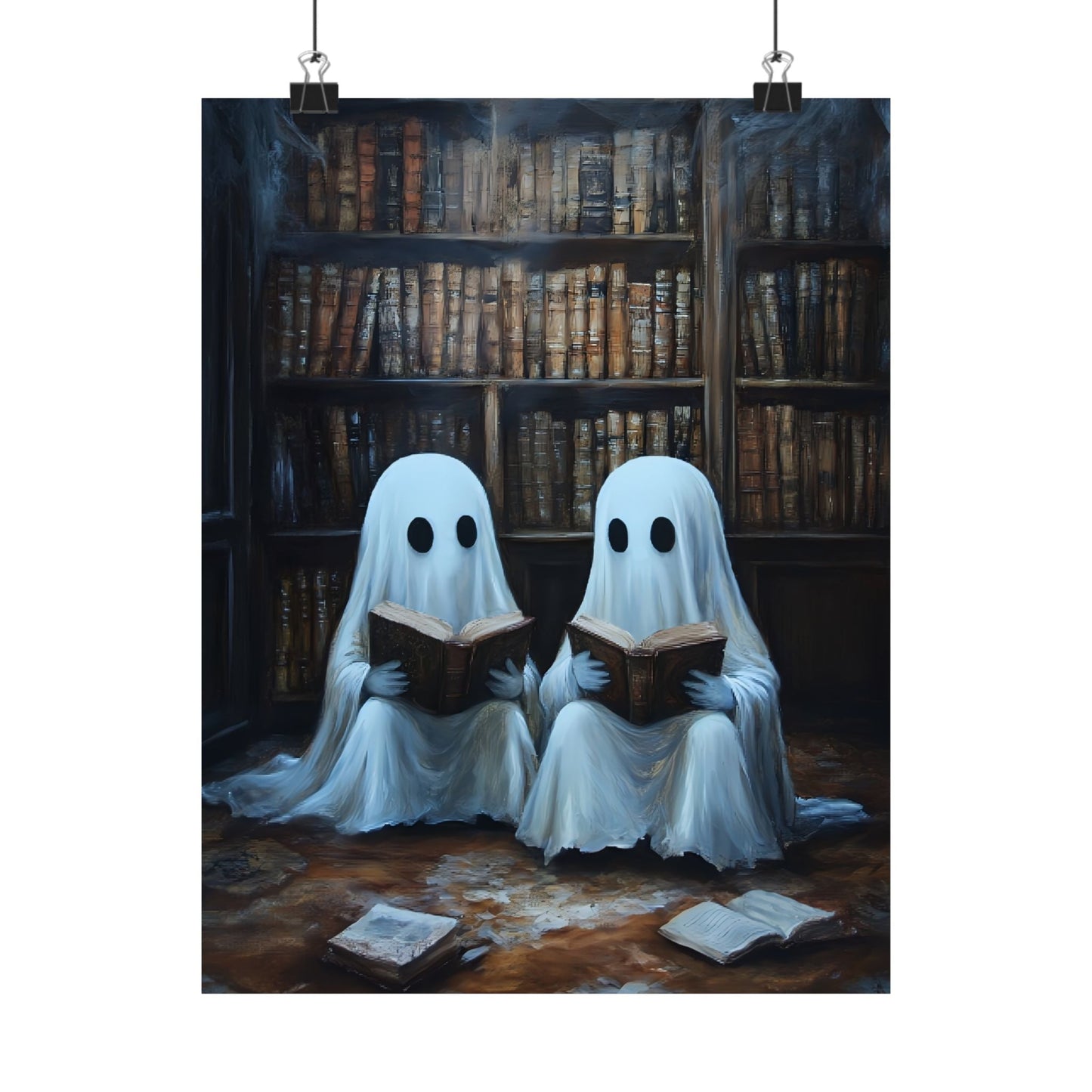 Ghosts Reading Books Wall Art Painting - Dark Academia Library Prints - Halloween Ghost Poster for Book Lovers - Boo and Bewear
