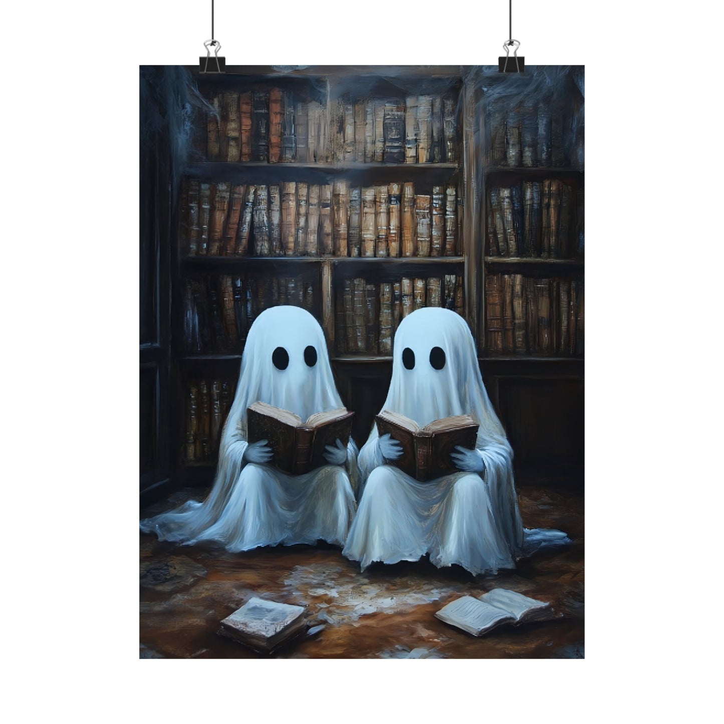 Ghosts Reading Books Wall Art Painting - Dark Academia Library Prints - Halloween Ghost Poster for Book Lovers - Boo and Bewear
