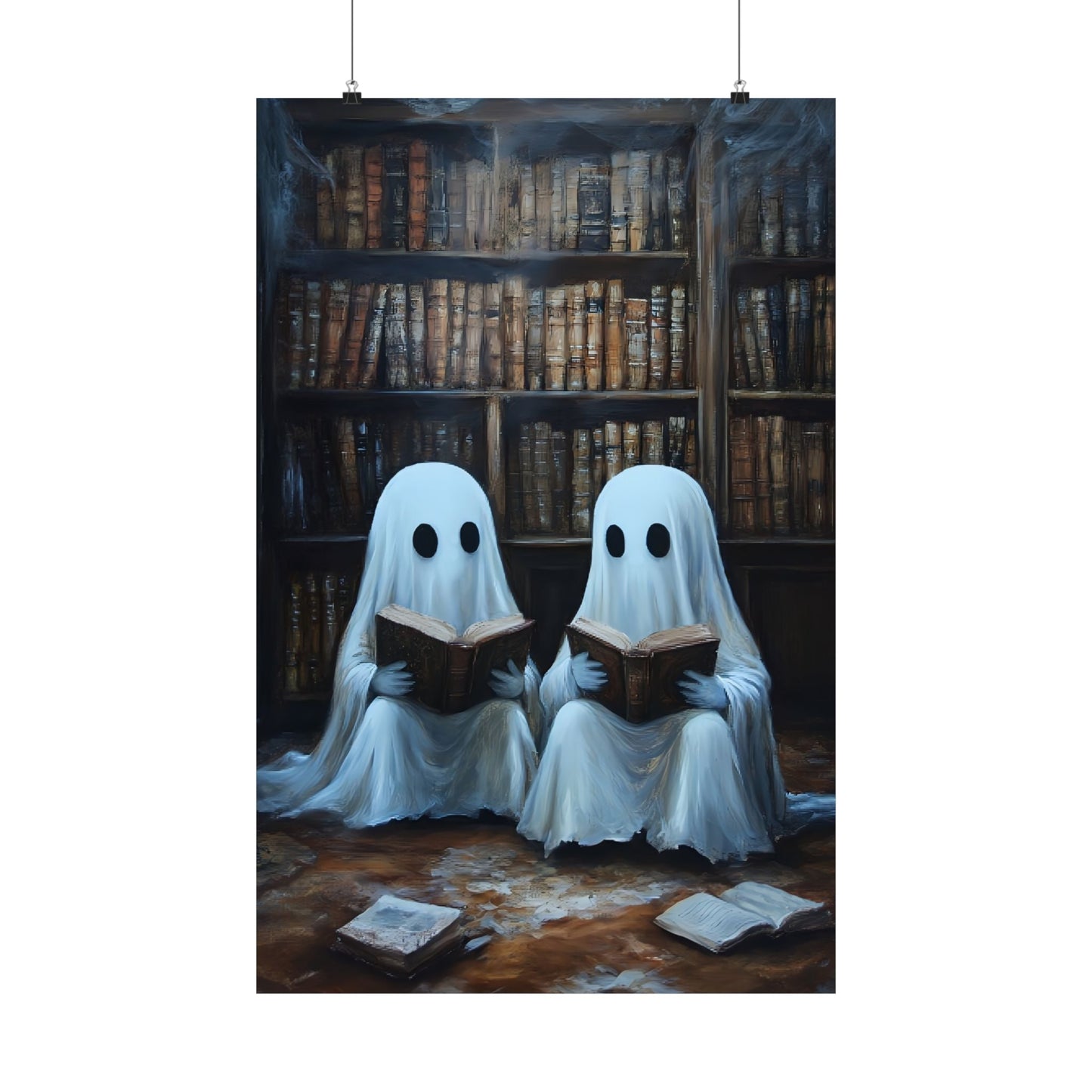Ghosts Reading Books Wall Art Painting - Dark Academia Library Prints - Halloween Ghost Poster for Book Lovers