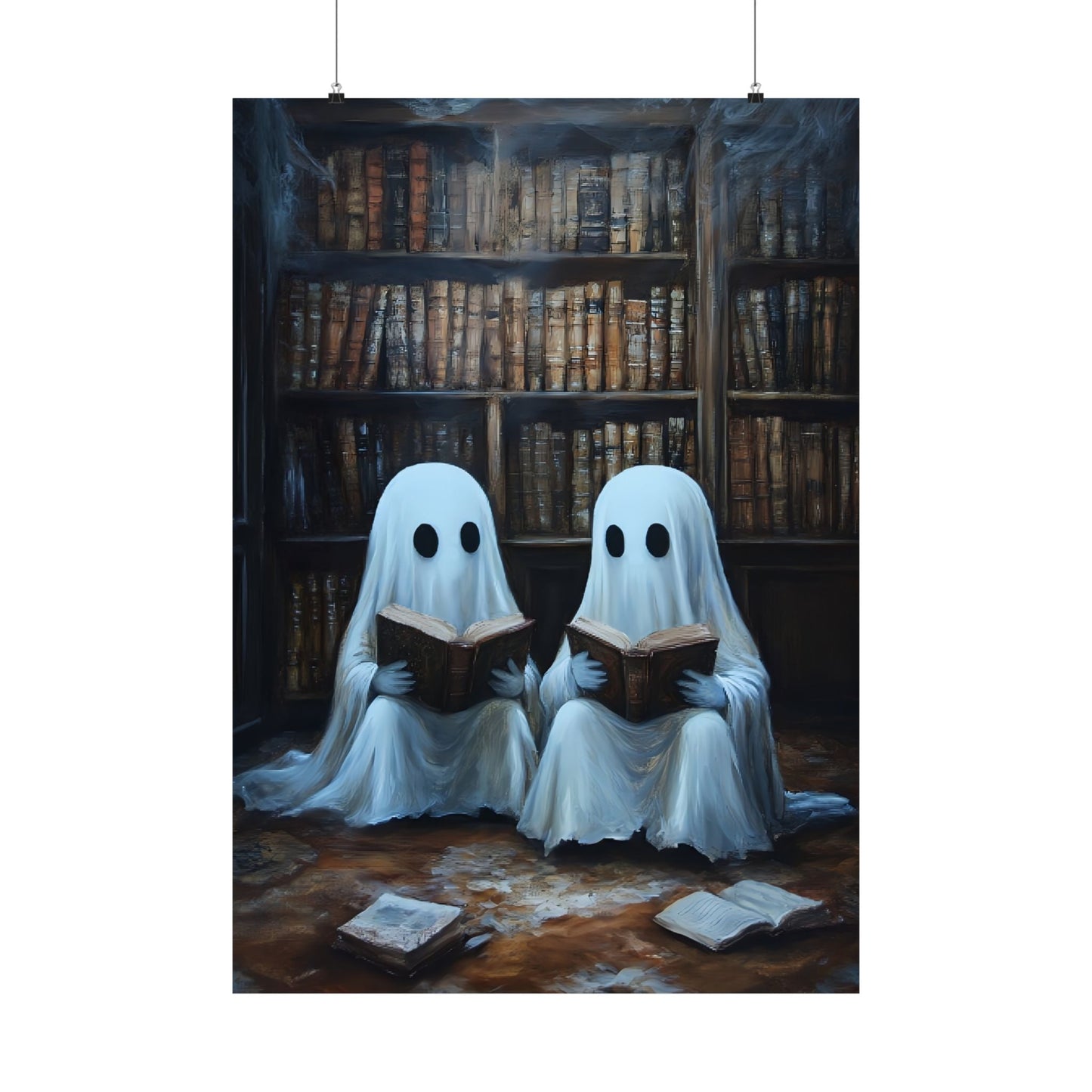 Ghosts Reading Books Wall Art Painting - Dark Academia Library Prints - Halloween Ghost Poster for Book Lovers