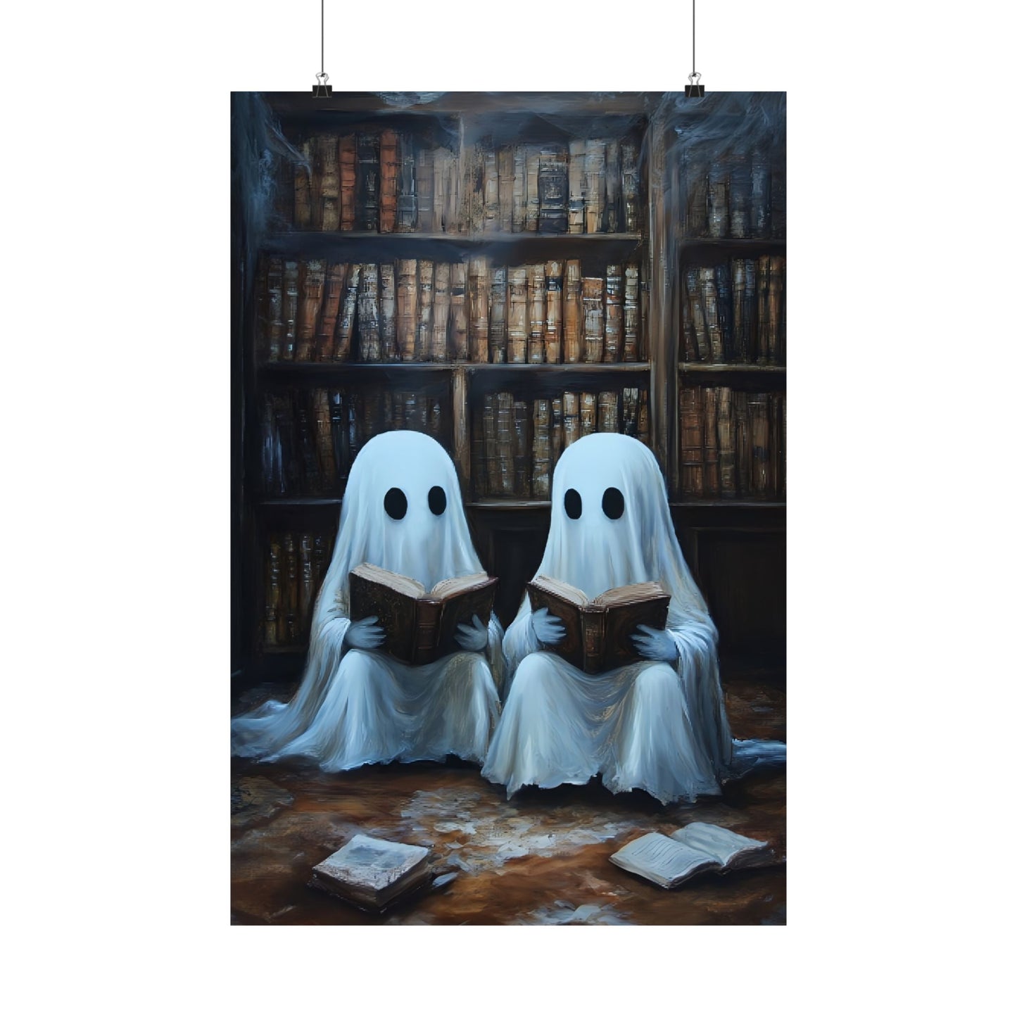 Ghosts Reading Books Wall Art Painting - Dark Academia Library Prints - Halloween Ghost Poster for Book Lovers