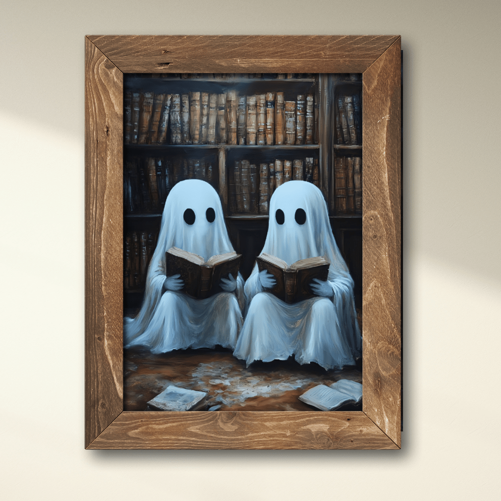 Ghosts Reading Books Wall Art Painting - Dark Academia Library Prints - Halloween Ghost Poster for Book Lovers - Boo and Bewear