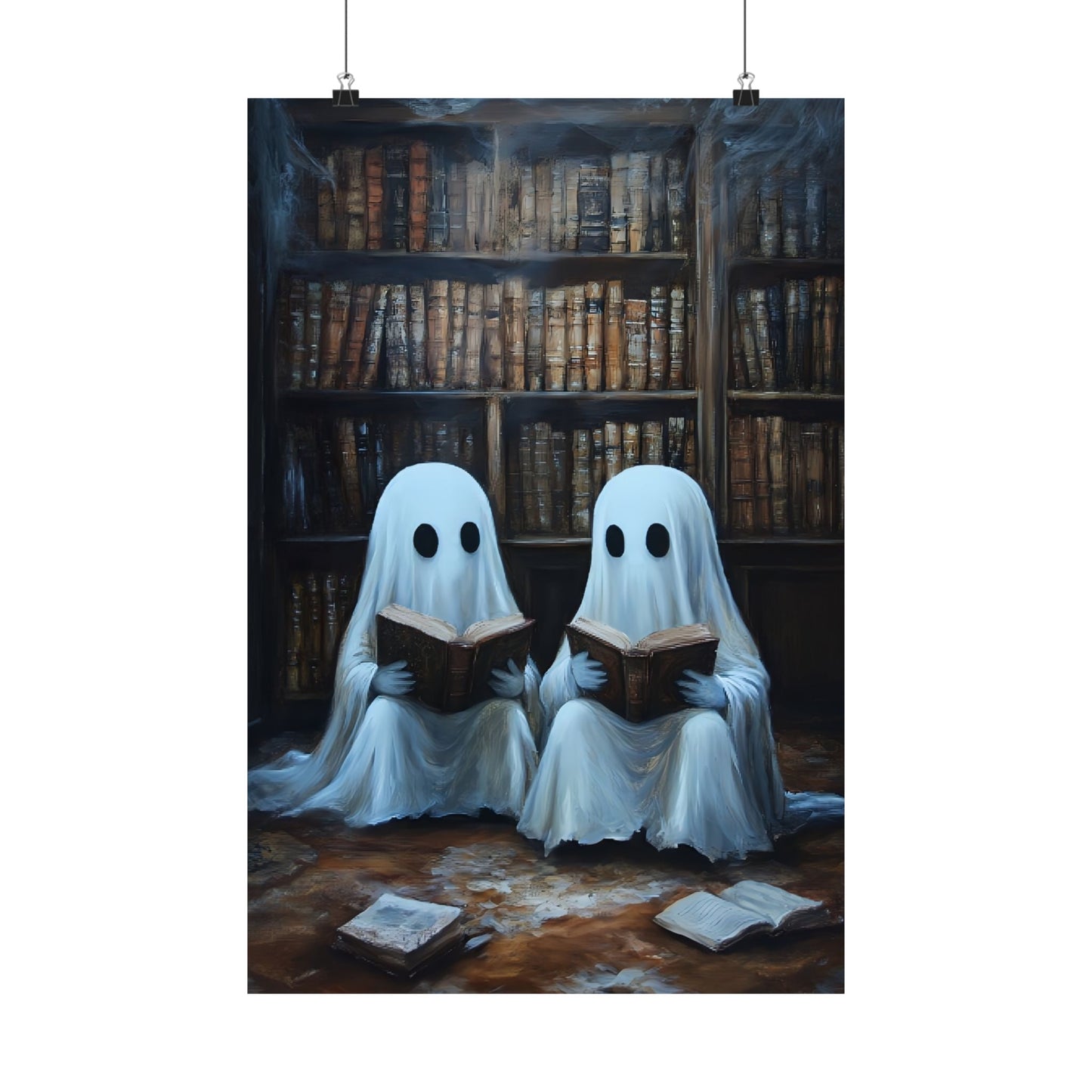 Ghosts Reading Books Wall Art Painting - Dark Academia Library Prints - Halloween Ghost Poster for Book Lovers
