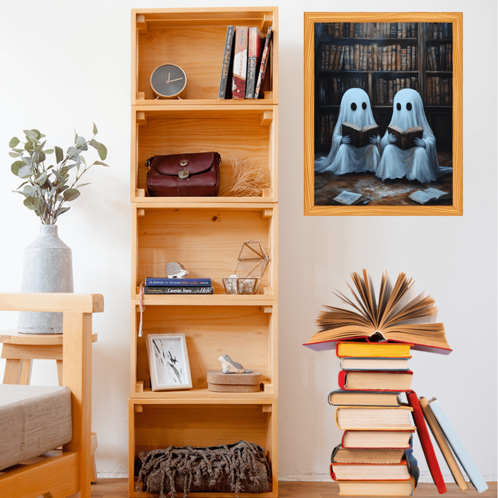 Ghosts Reading Books Wall Art Painting - Dark Academia Library Prints - Halloween Ghost Poster for Book Lovers