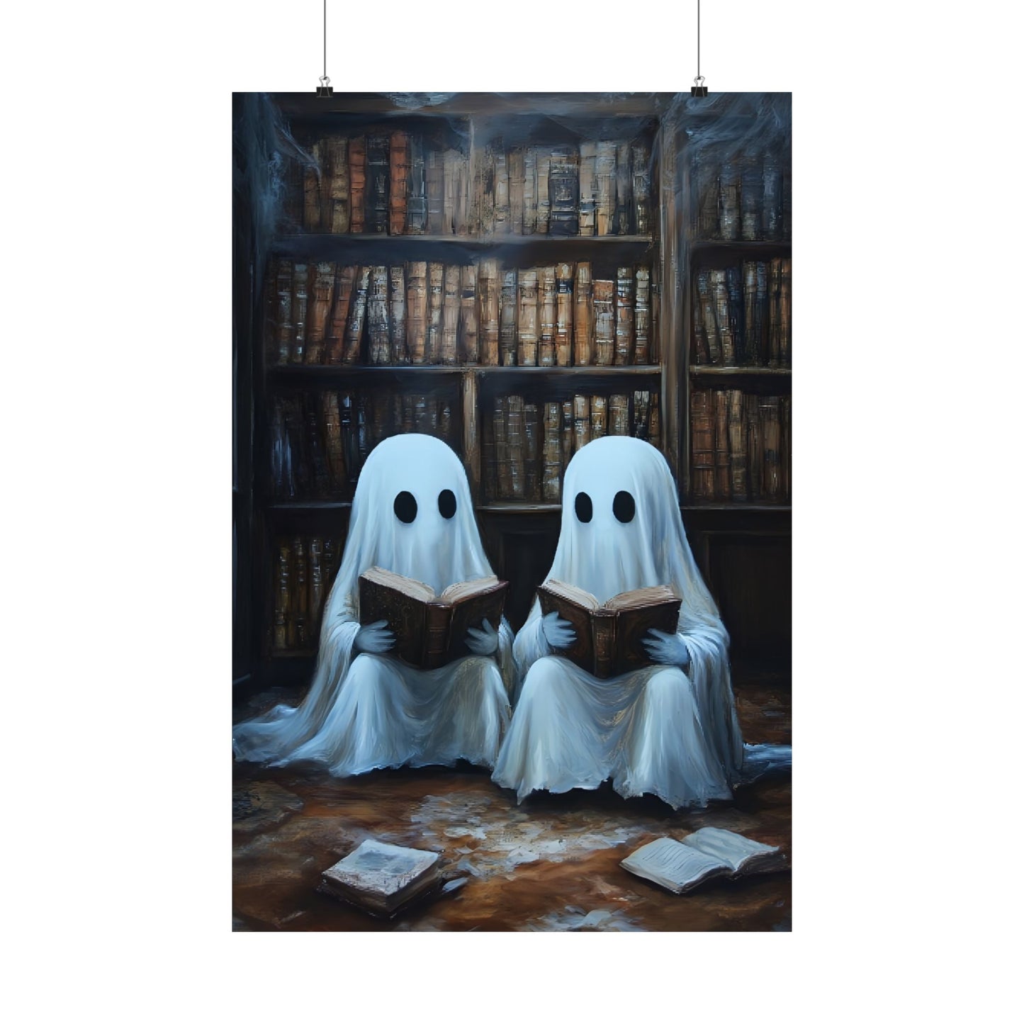 Ghosts Reading Books Wall Art Painting - Dark Academia Library Prints - Halloween Ghost Poster for Book Lovers