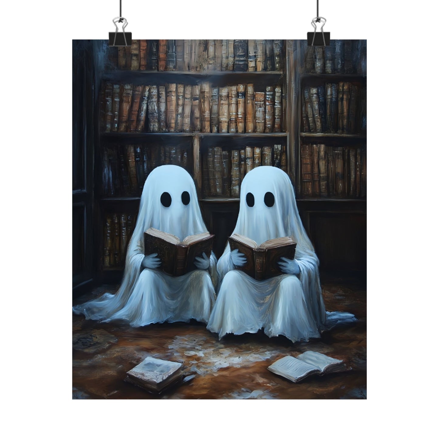 Ghosts Reading Books Wall Art Painting - Dark Academia Library Prints - Halloween Ghost Poster for Book Lovers - Boo and Bewear