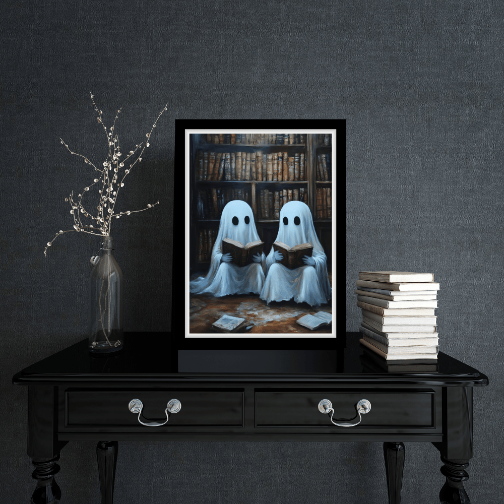 Ghosts Reading Books Wall Art Painting - Dark Academia Library Prints - Halloween Ghost Poster for Book Lovers