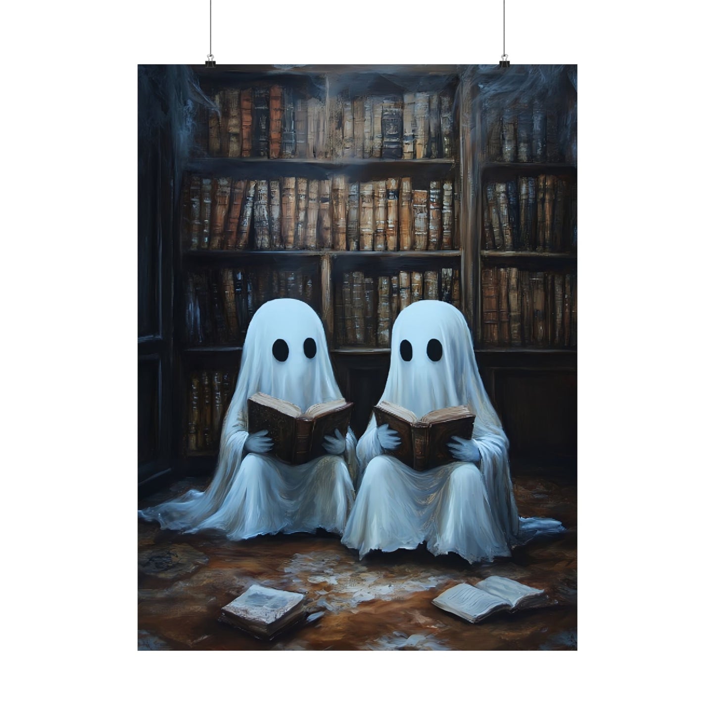 Ghosts Reading Books Wall Art Painting - Dark Academia Library Prints - Halloween Ghost Poster for Book Lovers - Boo and Bewear