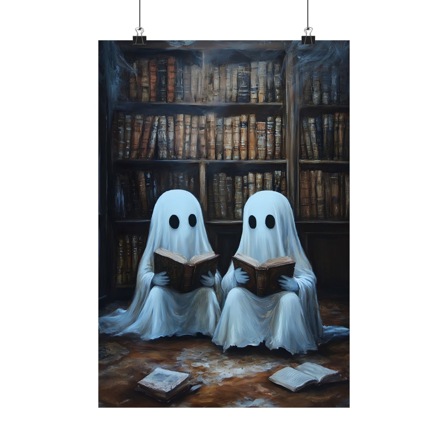 Ghosts Reading Books Wall Art Painting - Dark Academia Library Prints - Halloween Ghost Poster for Book Lovers
