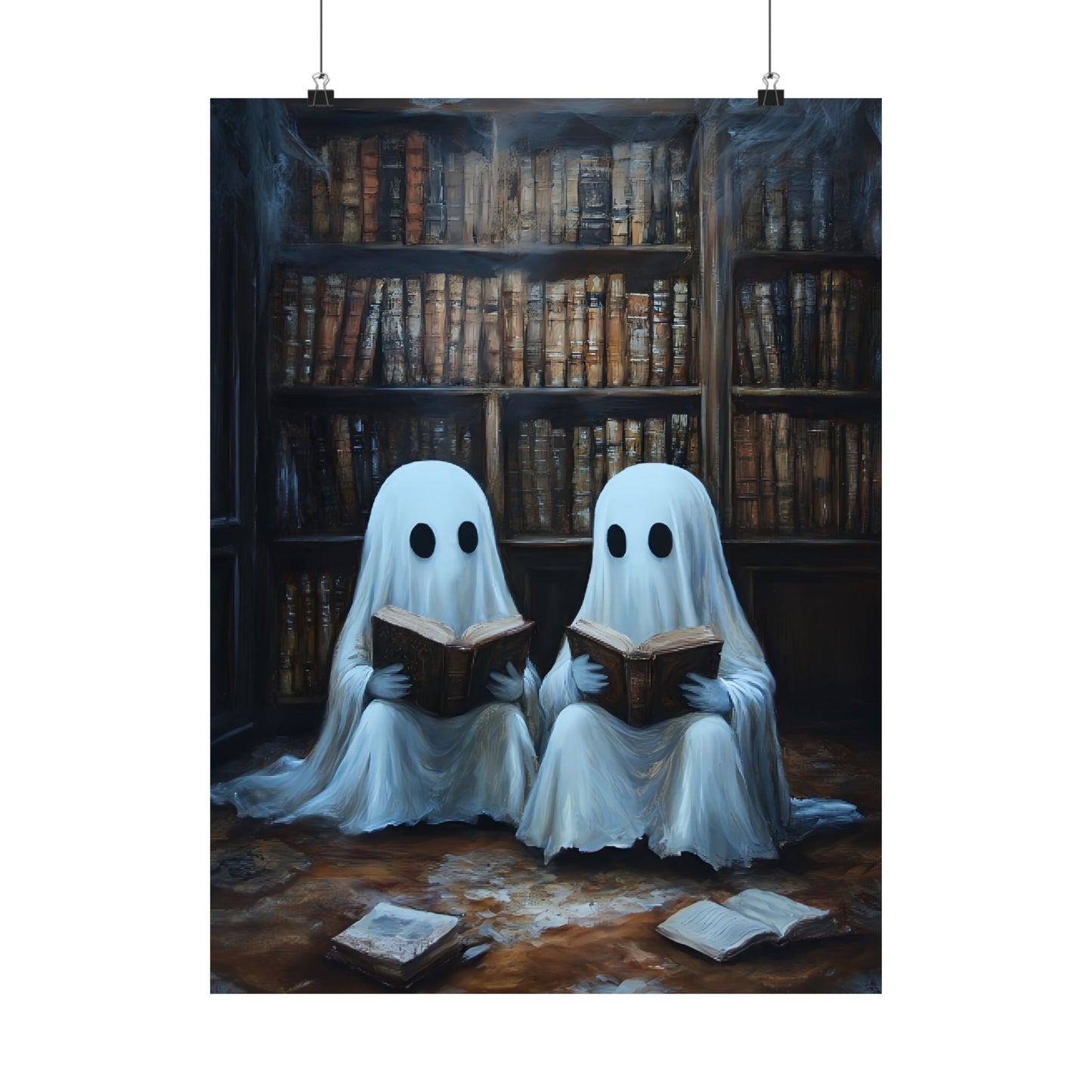 Ghosts Reading Books Wall Art Painting - Dark Academia Library Prints - Halloween Ghost Poster for Book Lovers - Boo and Bewear