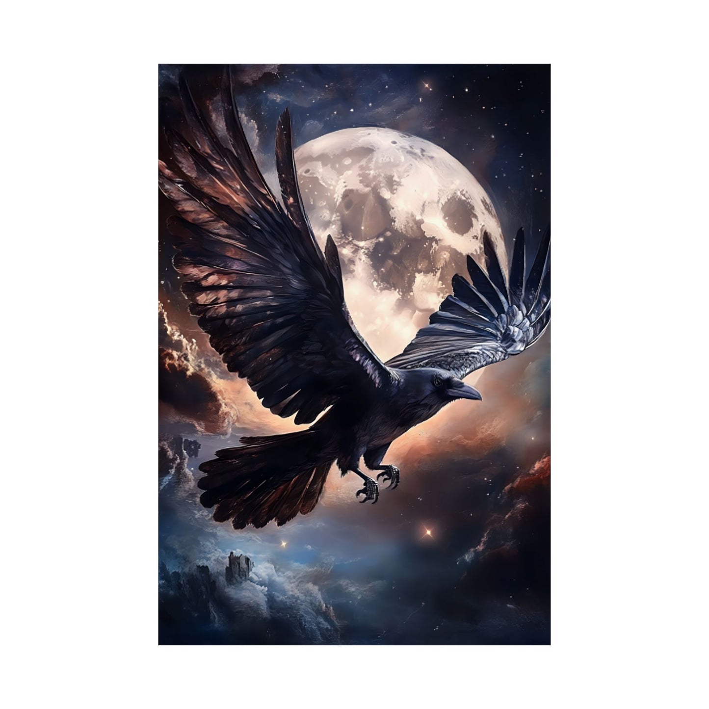 Gothic Raven Flying Wall Art Print - Dark Night Sky and Moon Goth Painting - Moody Dark Academia Poster