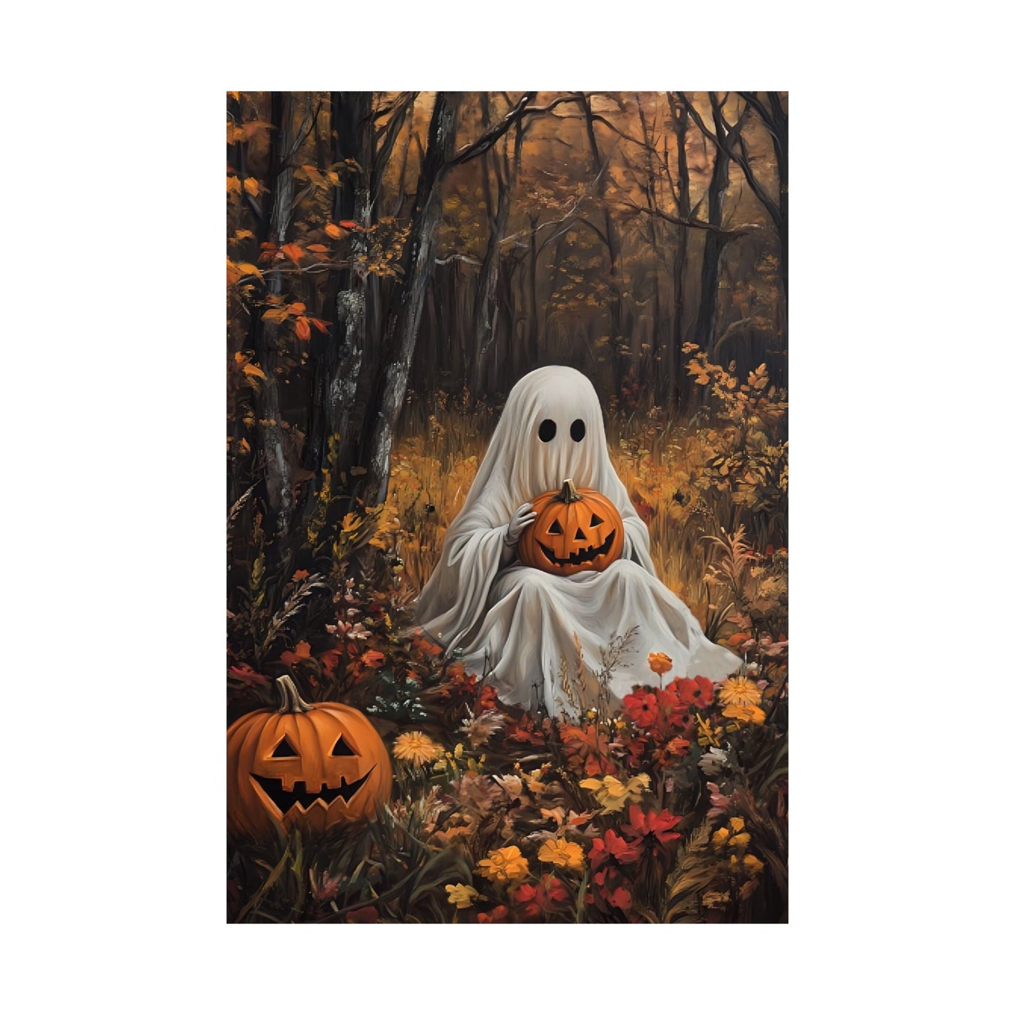 Halloween Ghost Painting - Pumpkins in Fall Forest Wall Art Print - Cute Spooky Season Poster