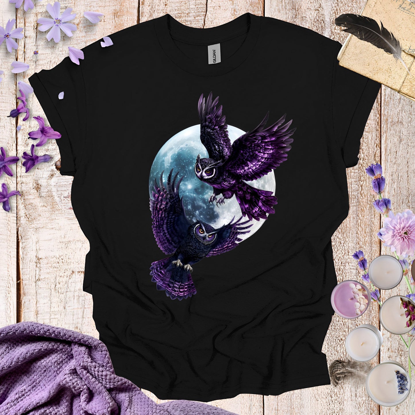 Owl T-Shirt - Gothic Purple Owls and Moon - Boo and Bewear