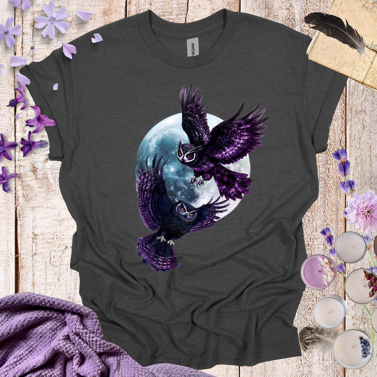 Owl T-Shirt - Gothic Purple Owls and Moon - Boo and Bewear