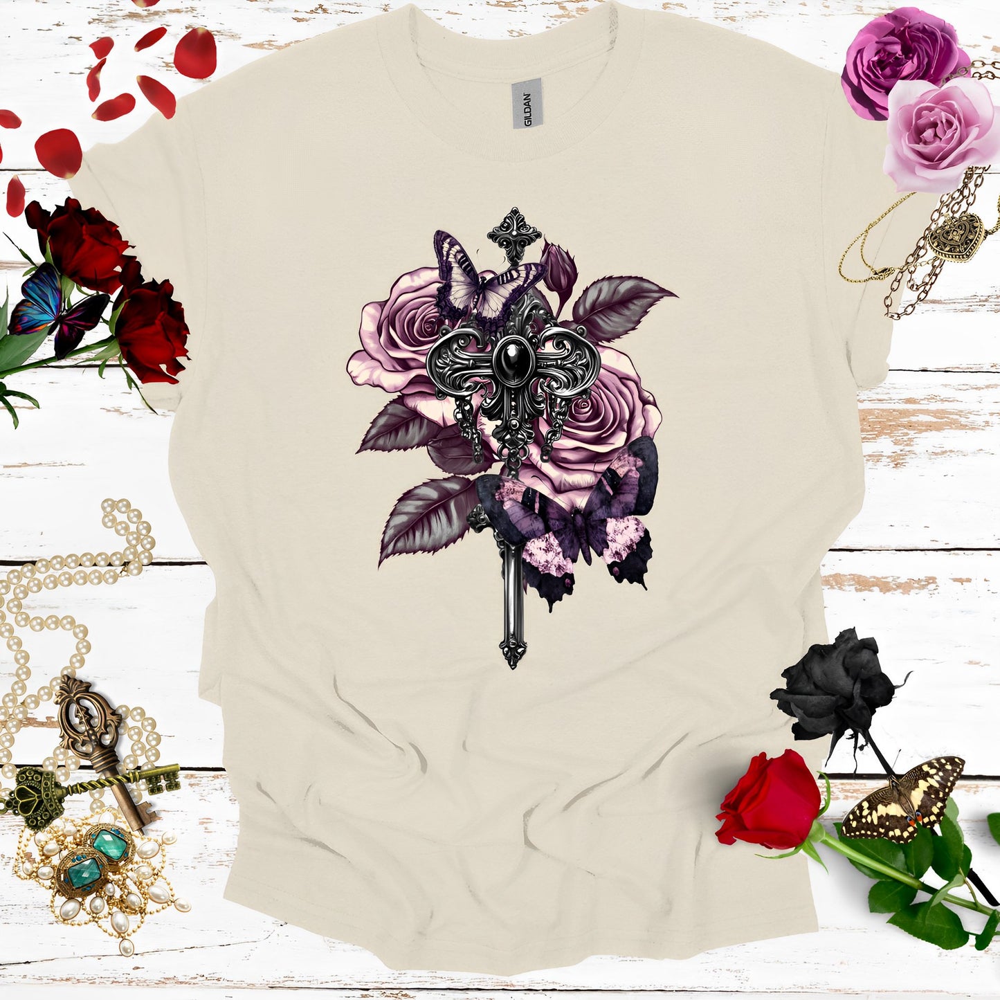 Rose and Butterfly T-Shirt - Vintage Aesthetic Gothic Shirts - Boo and Bewear