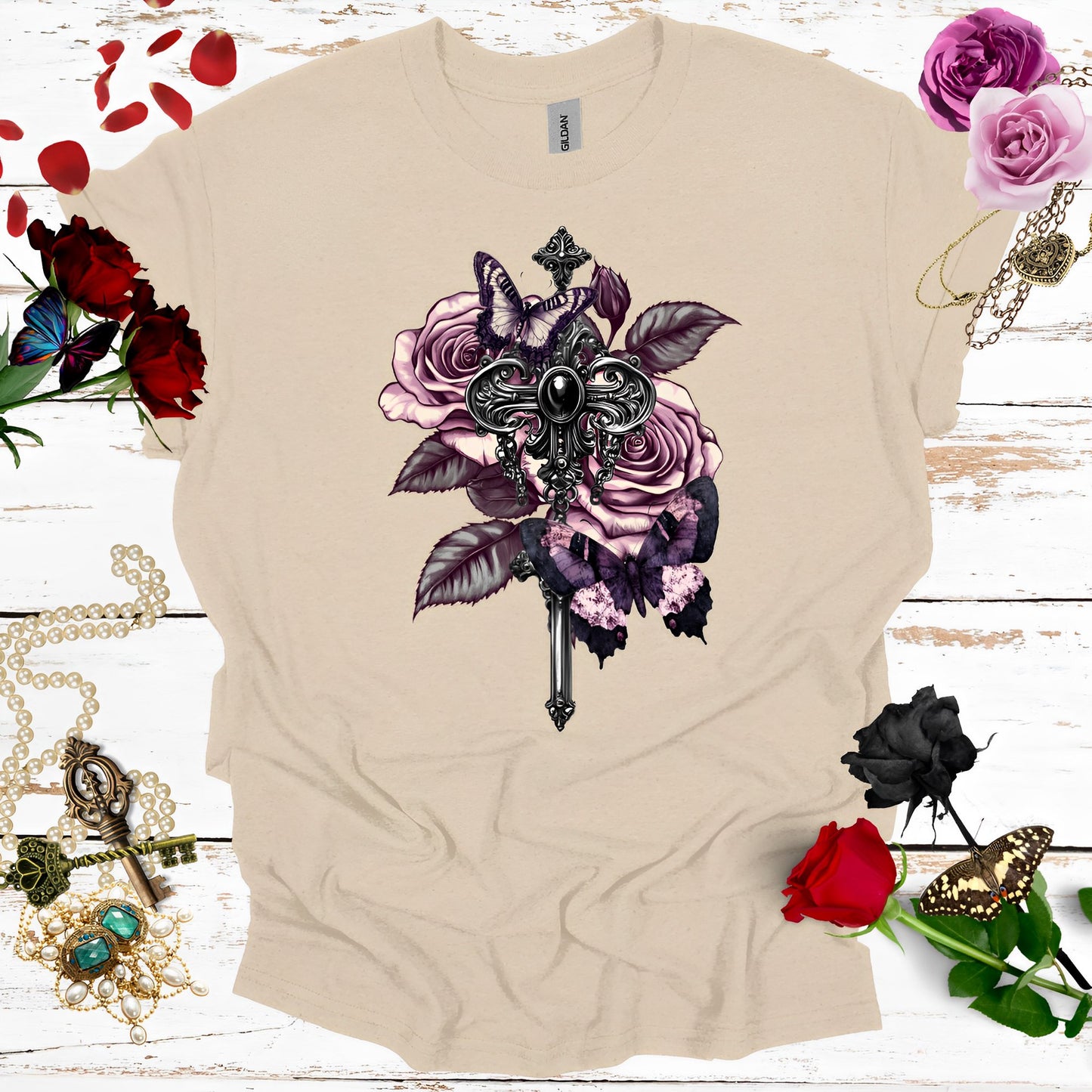 Rose and Butterfly T-Shirt - Vintage Aesthetic Gothic Shirts - Boo and Bewear