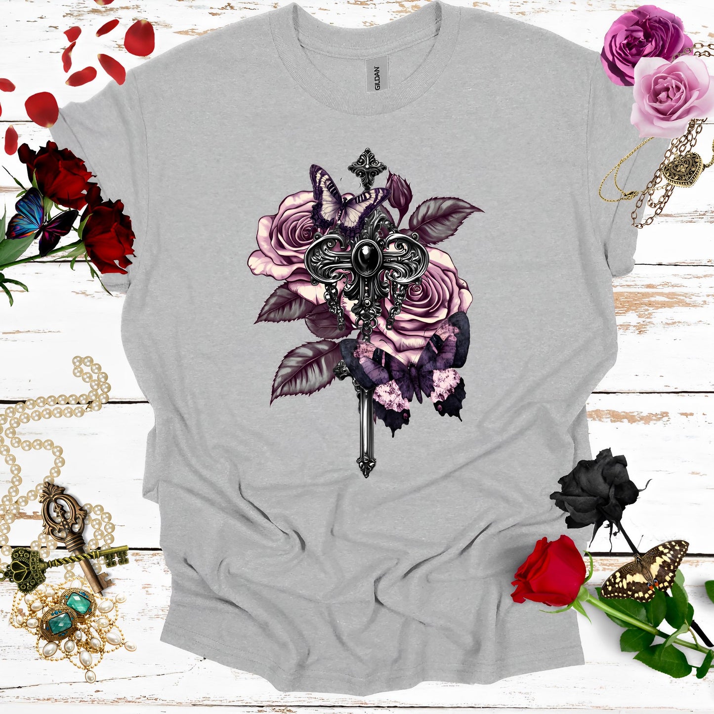 Rose and Butterfly T-Shirt - Vintage Aesthetic Gothic Shirts - Boo and Bewear