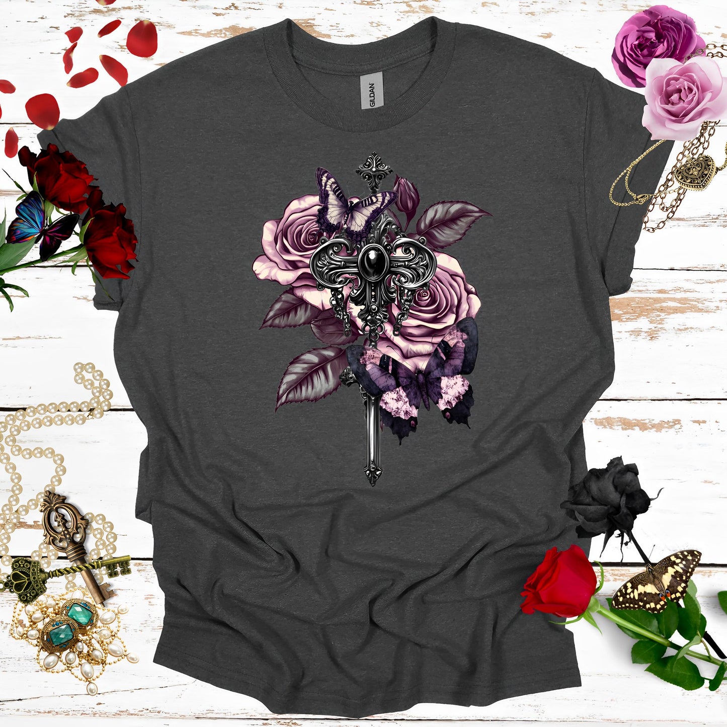 Rose and Butterfly T-Shirt - Vintage Aesthetic Gothic Shirts - Boo and Bewear