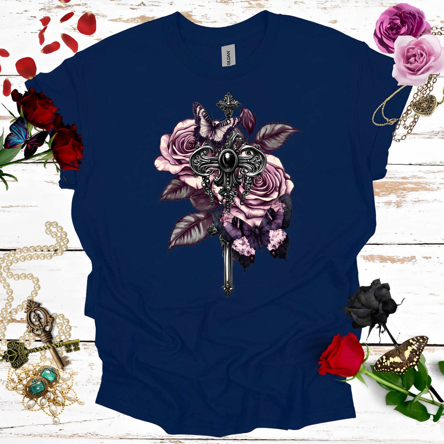 Rose and Butterfly T-Shirt - Vintage Aesthetic Gothic Shirts - Boo and Bewear