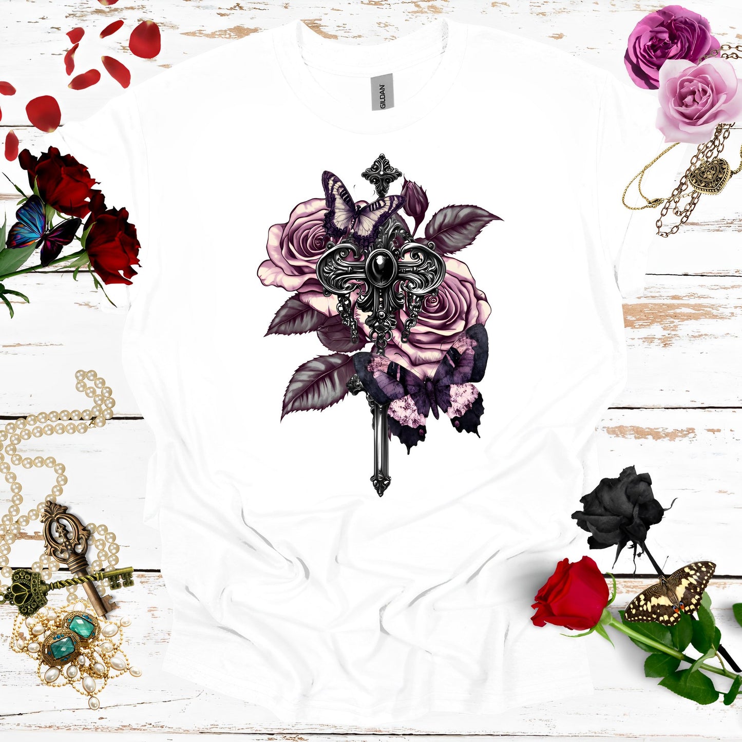 Rose and Butterfly T-Shirt - Vintage Aesthetic Gothic Shirts