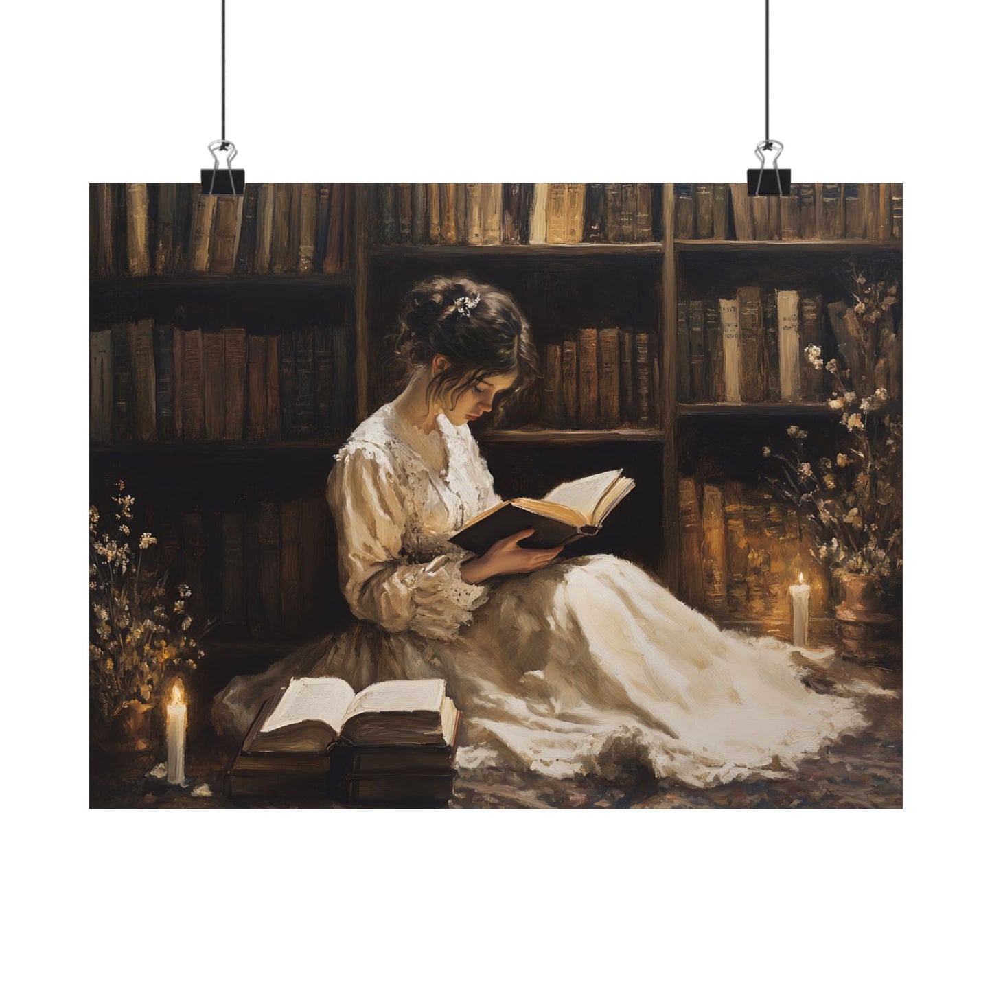 Victorian Woman Reading Art Print, Dark Academia Decor, Moody Vintage Library Oil Painting, Rustic Bookish Wall Art, Antique Book Poster