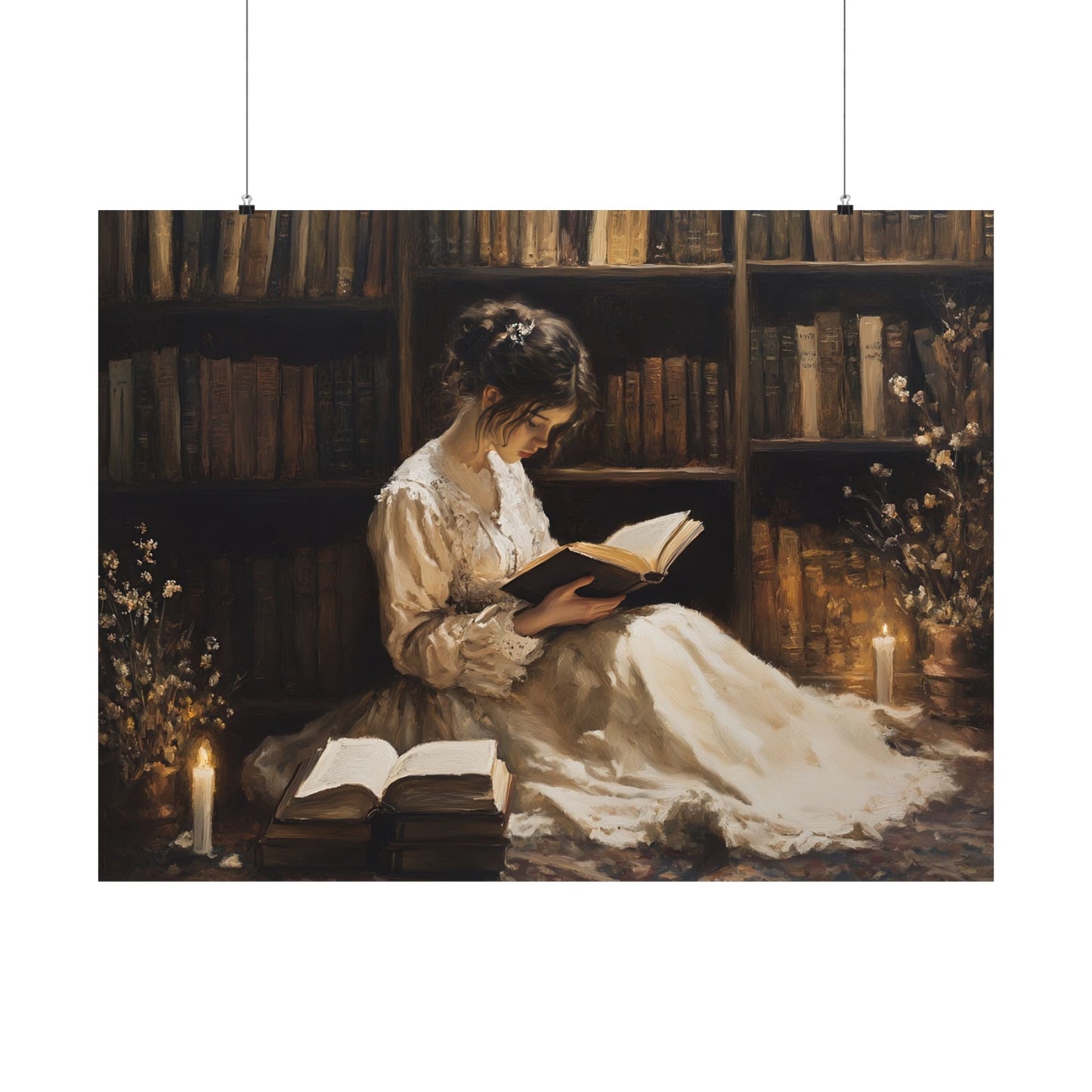 Victorian Woman Reading Art Print, Dark Academia Decor, Moody Vintage Library Oil Painting, Rustic Bookish Wall Art, Antique Book Poster