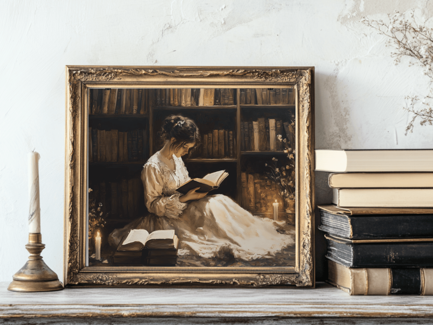 Victorian Woman Reading Art Print, Dark Academia Decor, Moody Vintage Library Oil Painting, Rustic Bookish Wall Art, Antique Book Poster