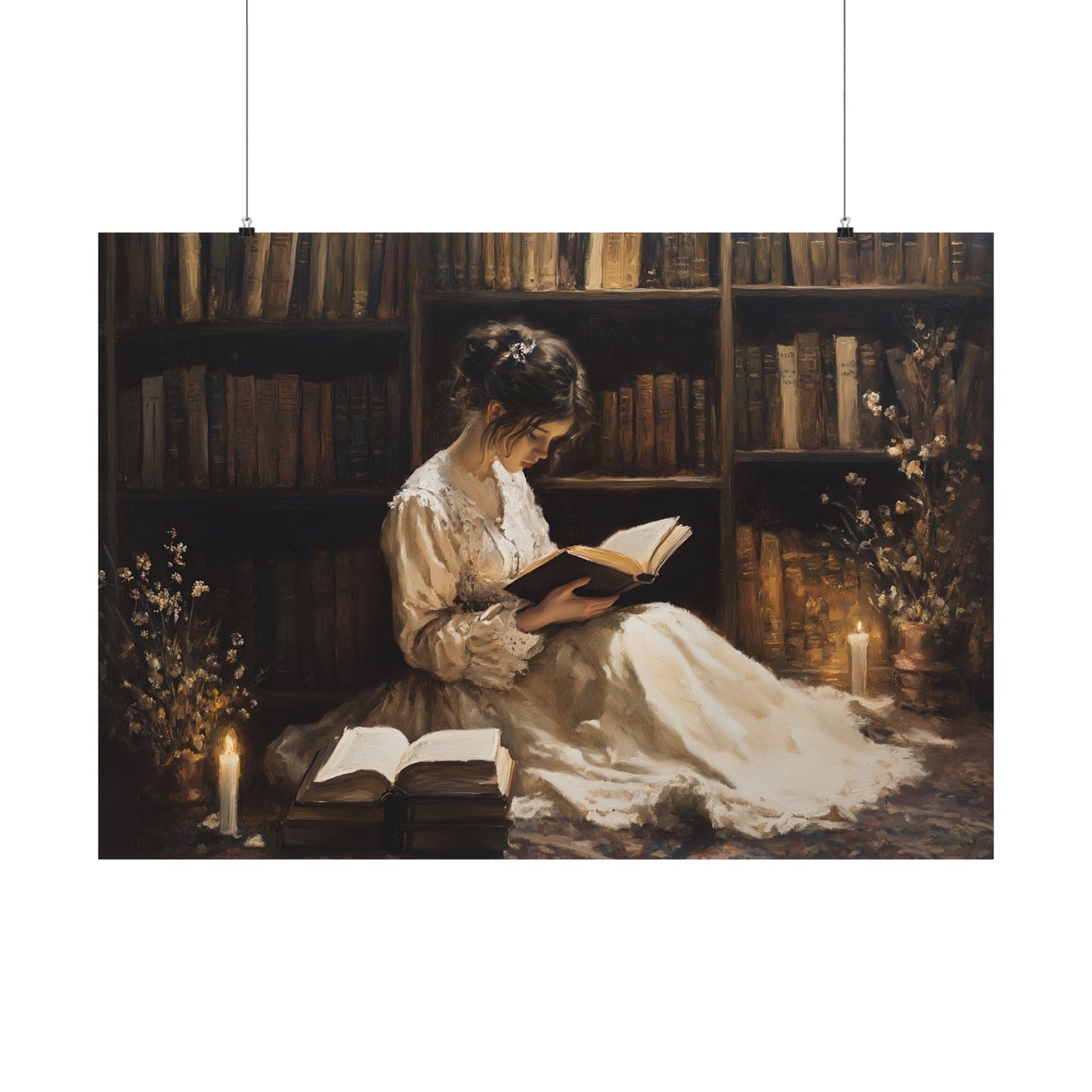Victorian Woman Reading Art Print, Dark Academia Decor, Moody Vintage Library Oil Painting, Rustic Bookish Wall Art, Antique Book Poster