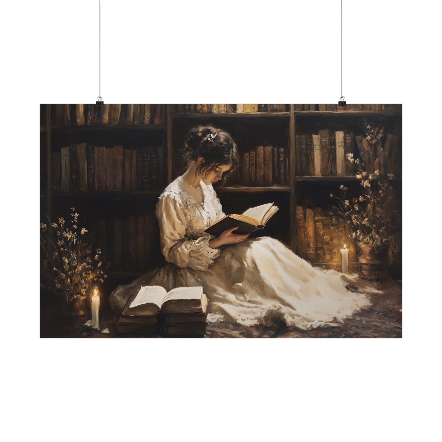 Victorian Woman Reading Art Print, Dark Academia Decor, Moody Vintage Library Oil Painting, Rustic Bookish Wall Art, Antique Book Poster