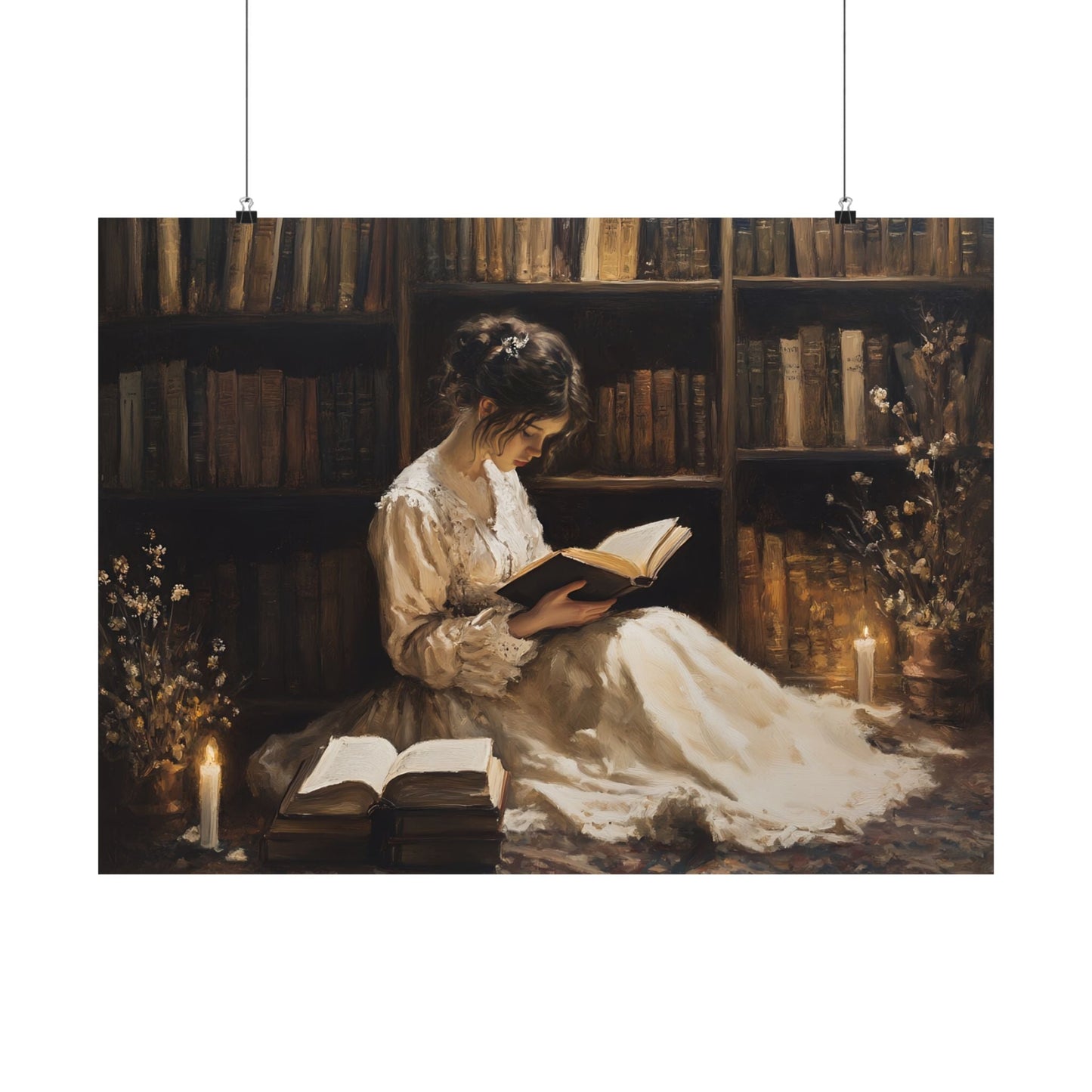 Victorian Woman Reading Art Print, Dark Academia Decor, Moody Vintage Library Oil Painting, Rustic Bookish Wall Art, Antique Book Poster