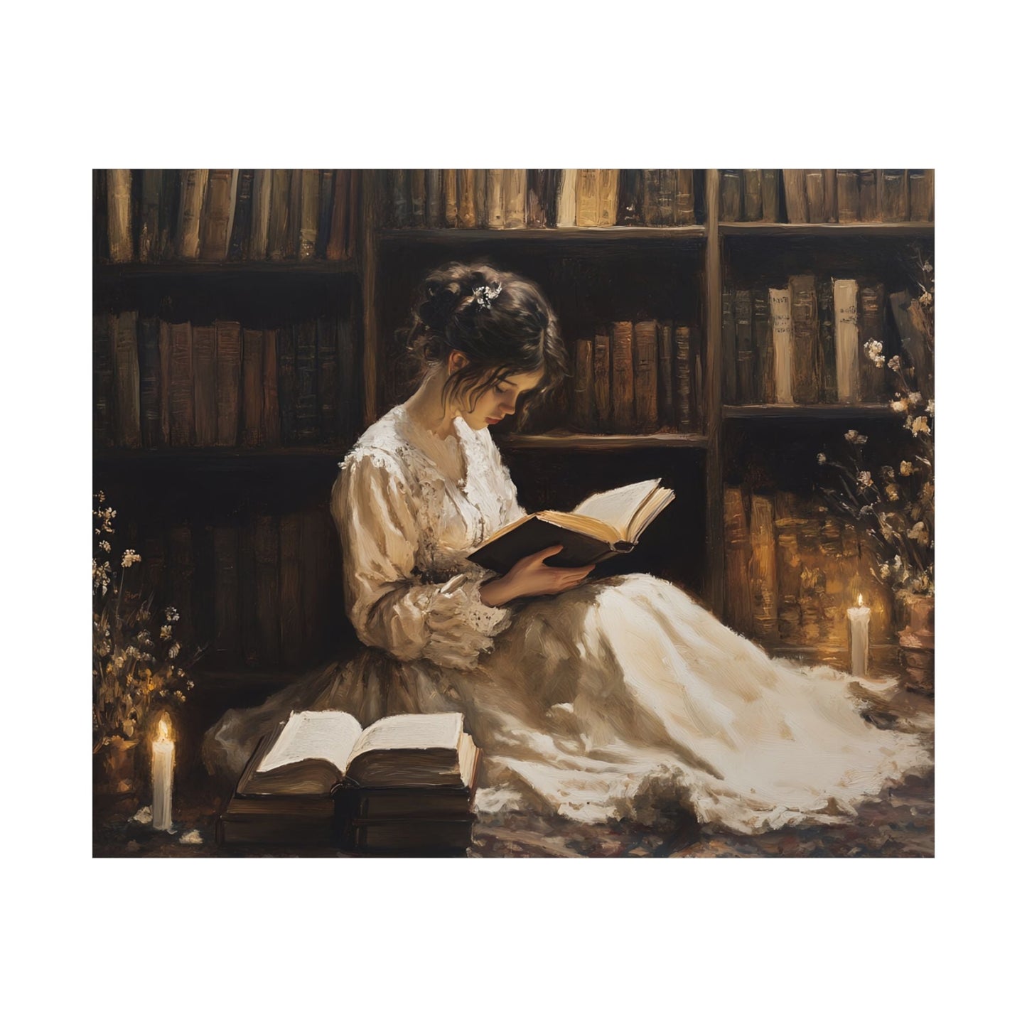 Victorian Woman Reading Art Print, Dark Academia Decor, Moody Vintage Library Oil Painting, Rustic Bookish Wall Art, Antique Book Poster