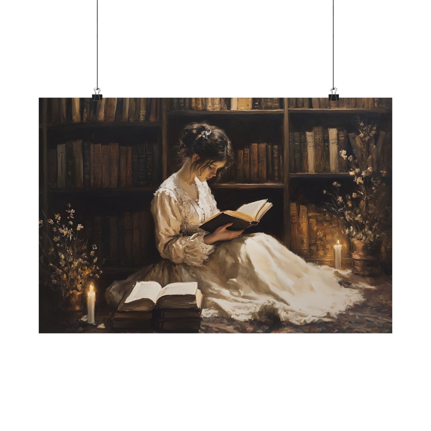 Victorian Woman Reading Art Print, Dark Academia Decor, Moody Vintage Library Oil Painting, Rustic Bookish Wall Art, Antique Book Poster
