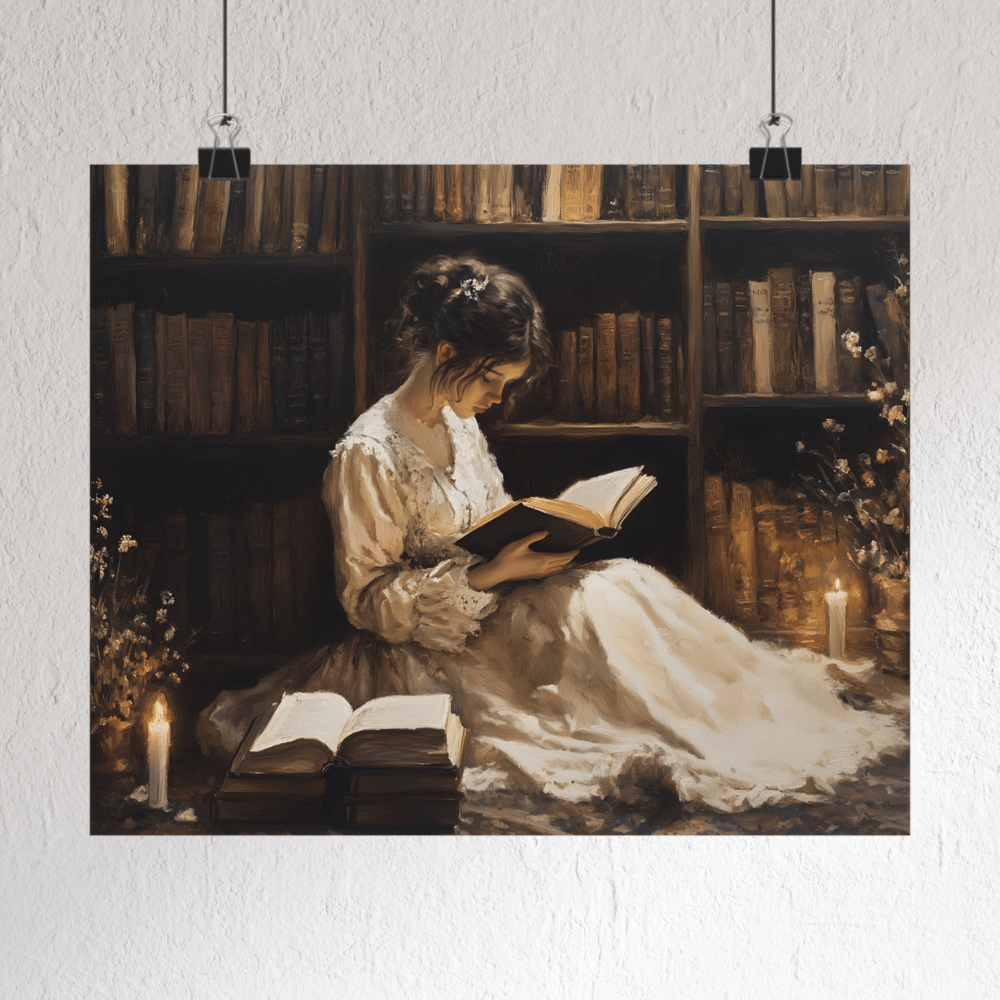 Victorian Woman Reading Art Print, Dark Academia Decor, Moody Vintage Library Oil Painting, Rustic Bookish Wall Art, Antique Book Poster