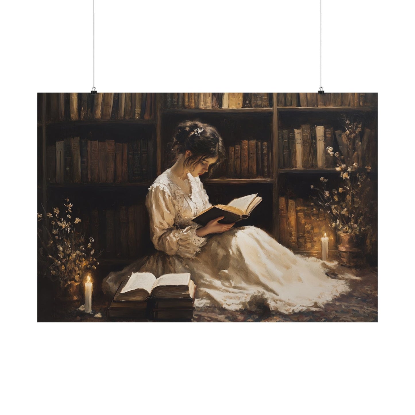 Victorian Woman Reading Art Print, Dark Academia Decor, Moody Vintage Library Oil Painting, Rustic Bookish Wall Art, Antique Book Poster