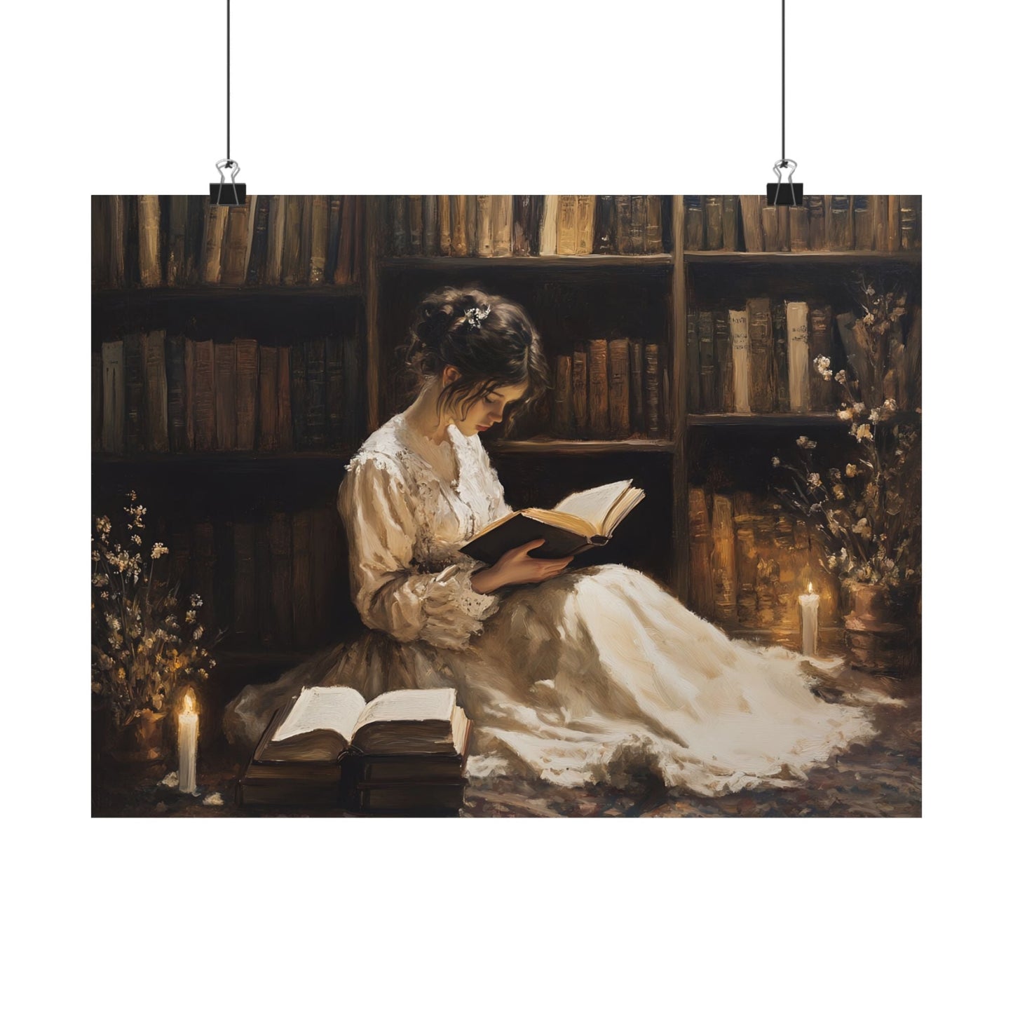 Victorian Woman Reading Art Print, Dark Academia Decor, Moody Vintage Library Oil Painting, Rustic Bookish Wall Art, Antique Book Poster