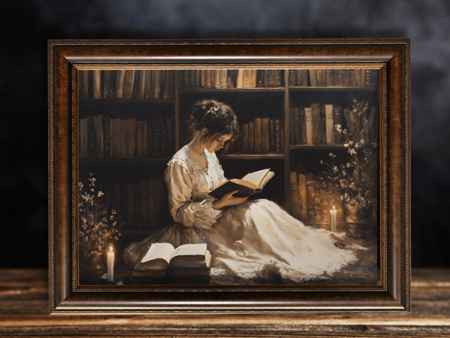 Victorian Woman Reading Art Print, Dark Academia Decor, Moody Vintage Library Oil Painting, Rustic Bookish Wall Art, Antique Book Poster