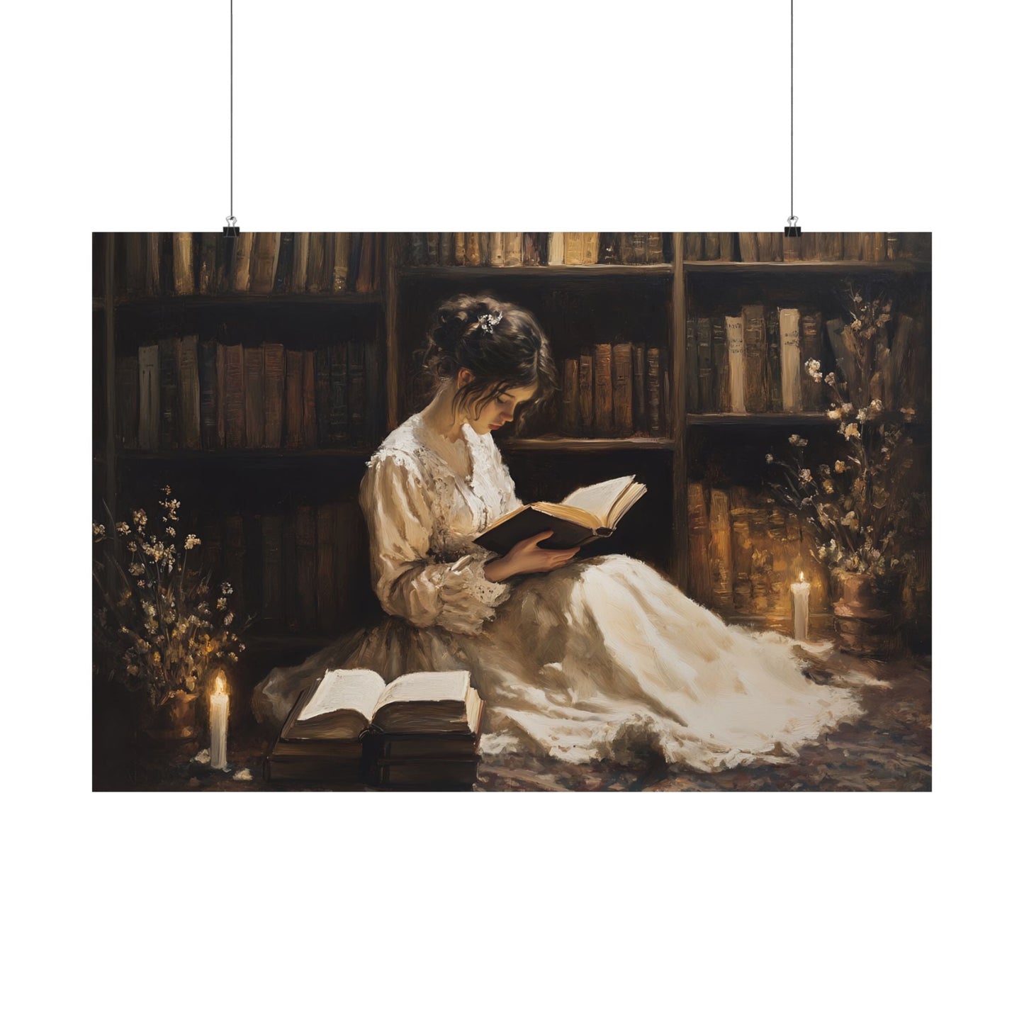 Victorian Woman Reading Art Print, Dark Academia Decor, Moody Vintage Library Oil Painting, Rustic Bookish Wall Art, Antique Book Poster
